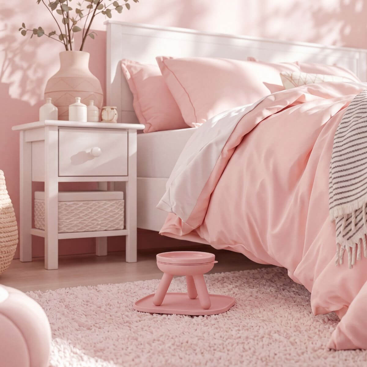 inherent outdoor oreo table in baby pink in a bedroom on the floor on a carpet.