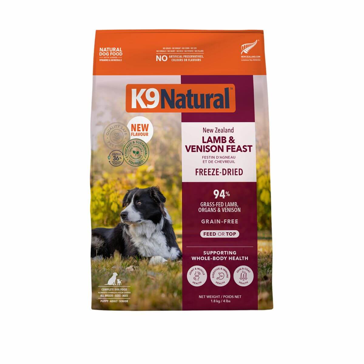 K9 Natural Lamb and Venison Feast 1.8kg against a white background.