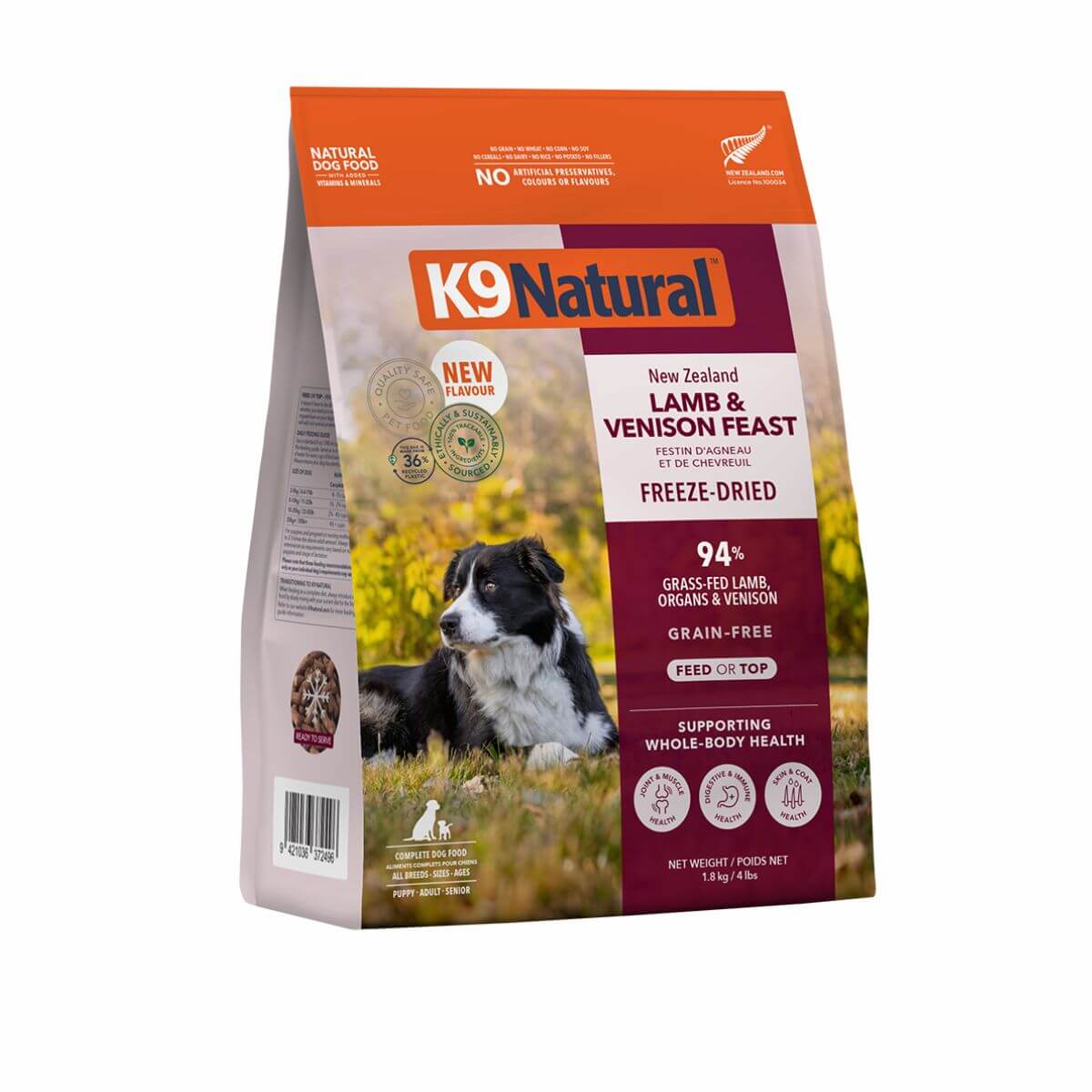 K9 Natural Lamb and Venison Feast 1.8kg against a white background.