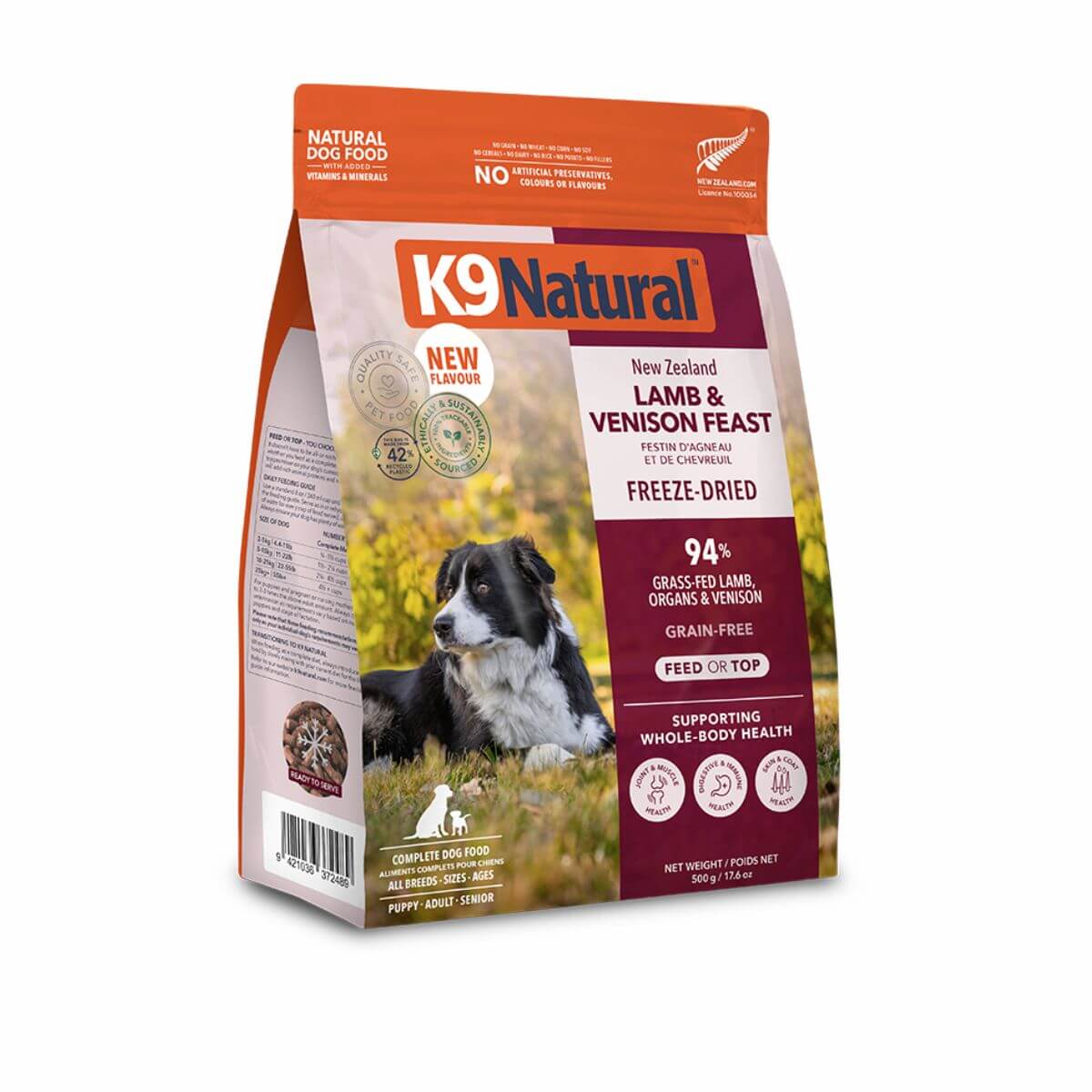 K9 Natural Lamb and Venison Feast 500g against a white background.