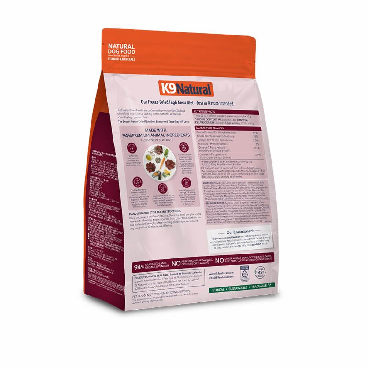 K9 Natural Lamb and Venison Feast 500g against a white background.