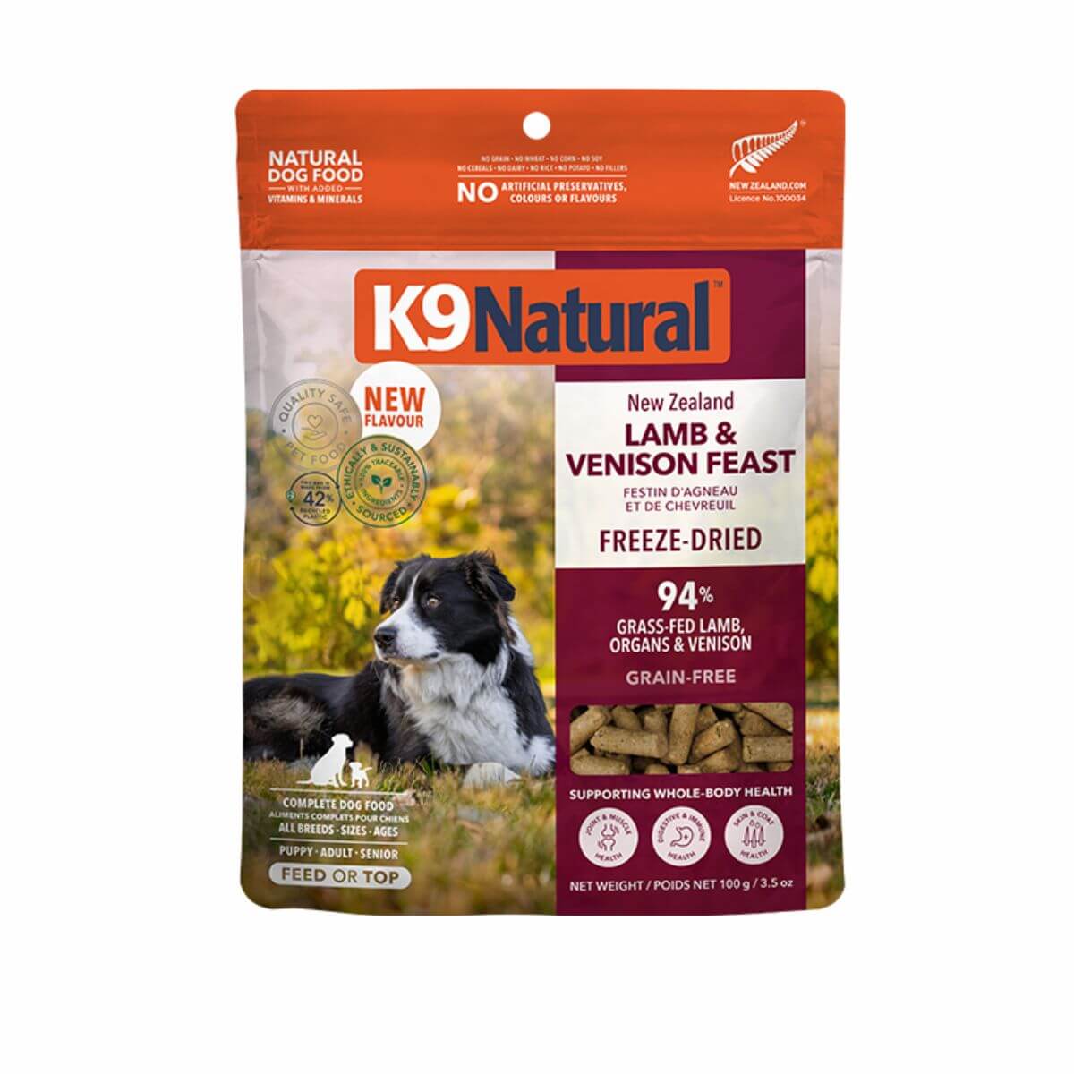 K9 Natural Lamb and Venison Topper 100g against a white background.
