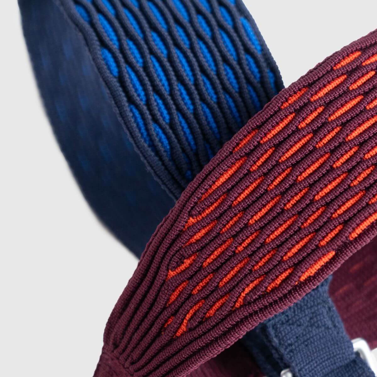 Masimalo 3D Knit Martingale Collar in Navy / Royal Blue and Aubergine / Lava against a white background.