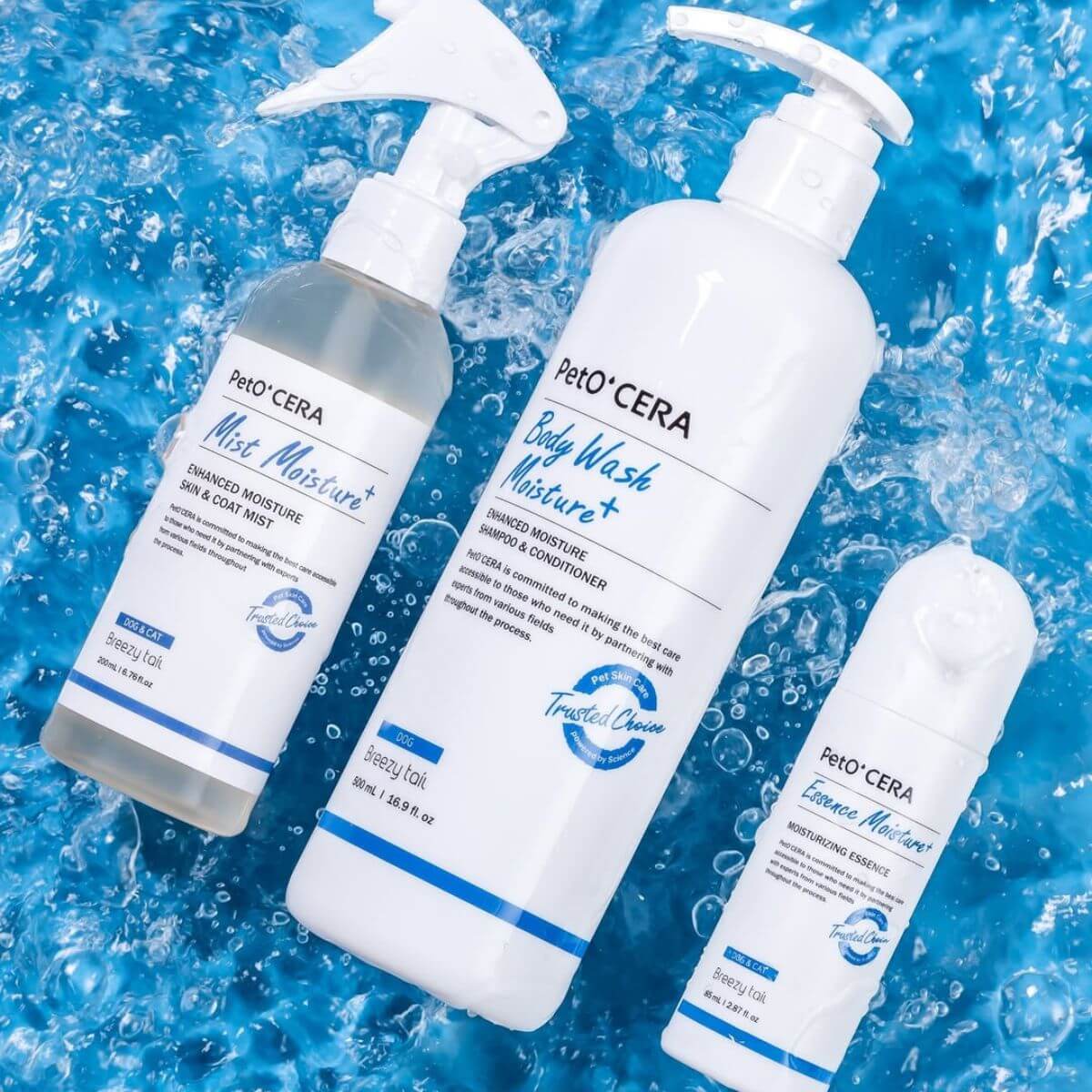 PetO'CERA Body Wash Moisture Plus against a blue background and water.