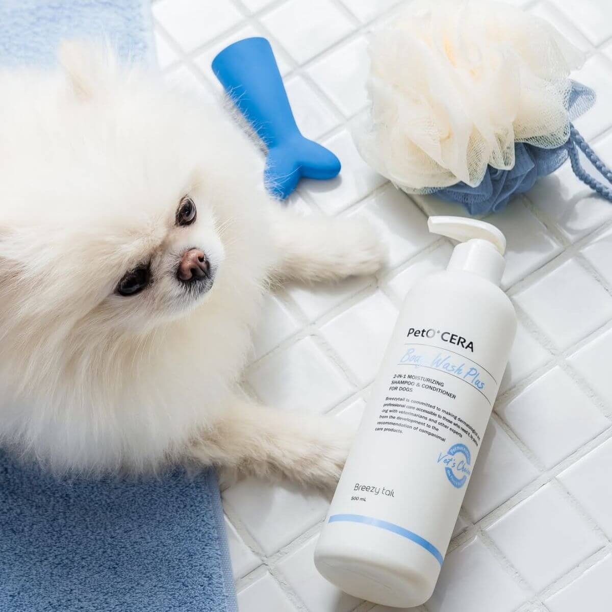 A pomeranian beside the PetO'CERA Body Wash Plus on the bathroom tiles.