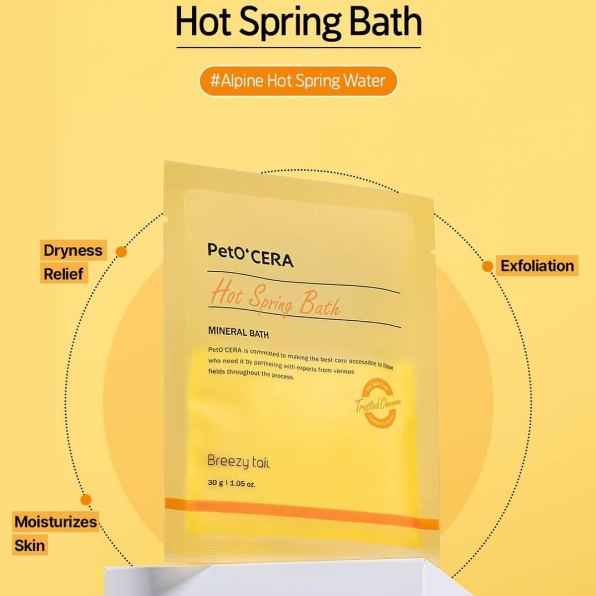 The benefits of the PetO'CERA Spa Hot Spring Bath against a yellow background.