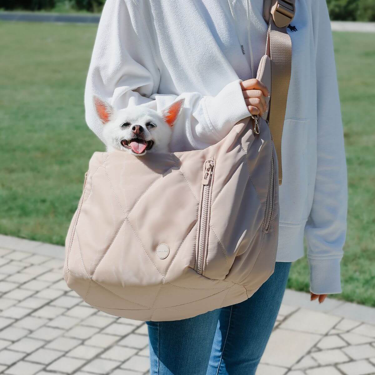 A dog in the Pups & Bubs Cloud Crossbody Carrier in Latte.