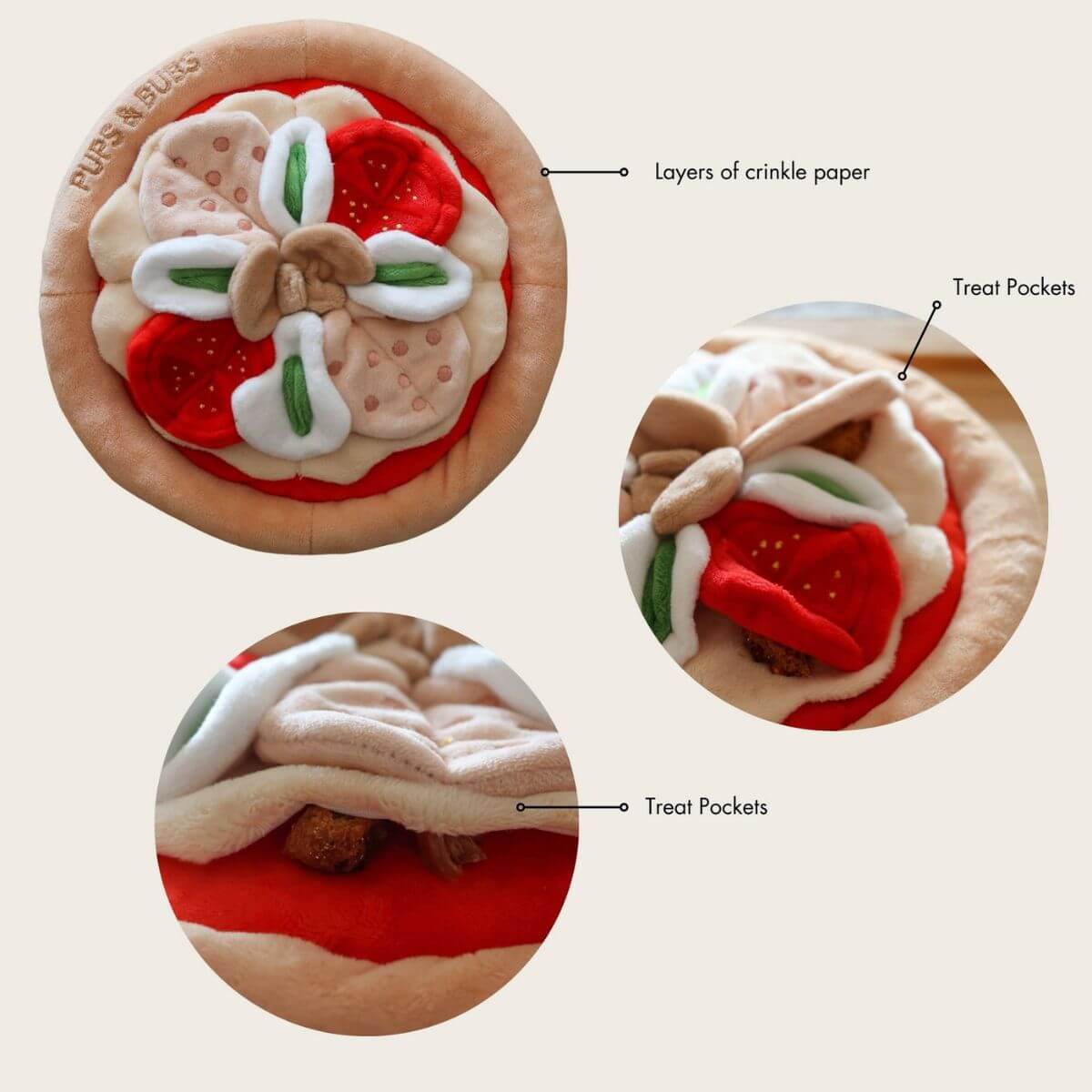 Features of the Pups & Bubs Pepperoni Pizza Snuffle Mat.