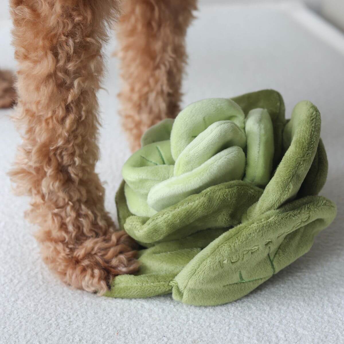 A close-up of the Pups & Bubs Snuffle Cabbage Nosework Toy.