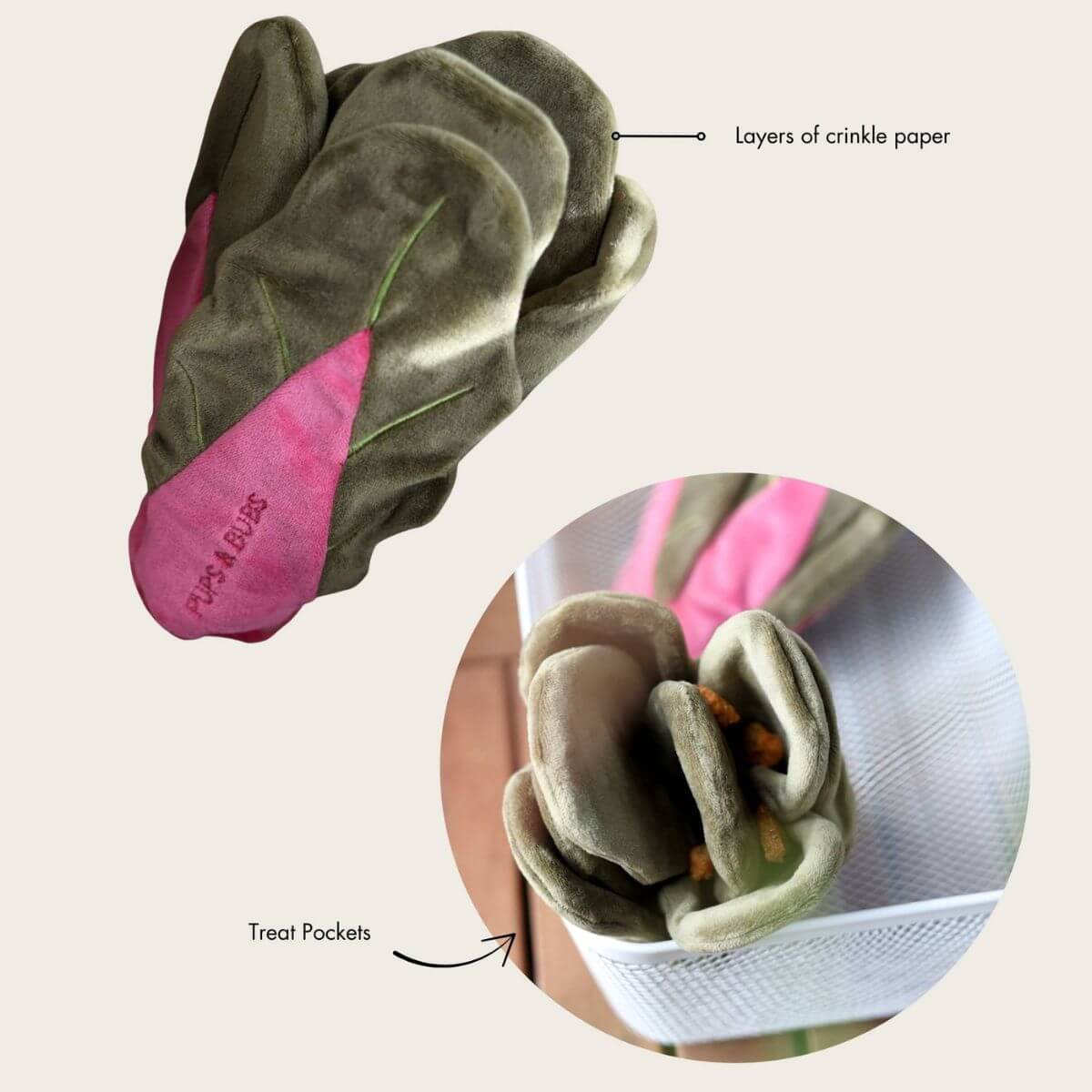 Features of the Pups & Bubs Snuffle Swiss Chard Nosework Toy.
