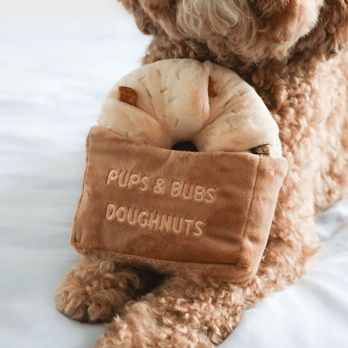 pups and bubs sprinkle donut nosework toy leaning against a brown poodle.