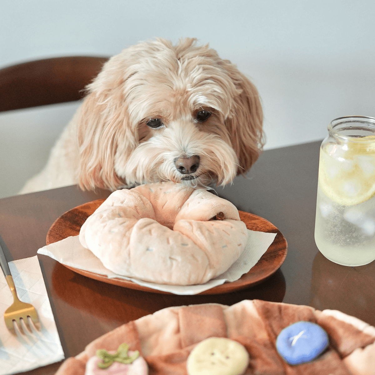A pups and bubs sprinkle donut nosework toy on a plate on the dinner table.