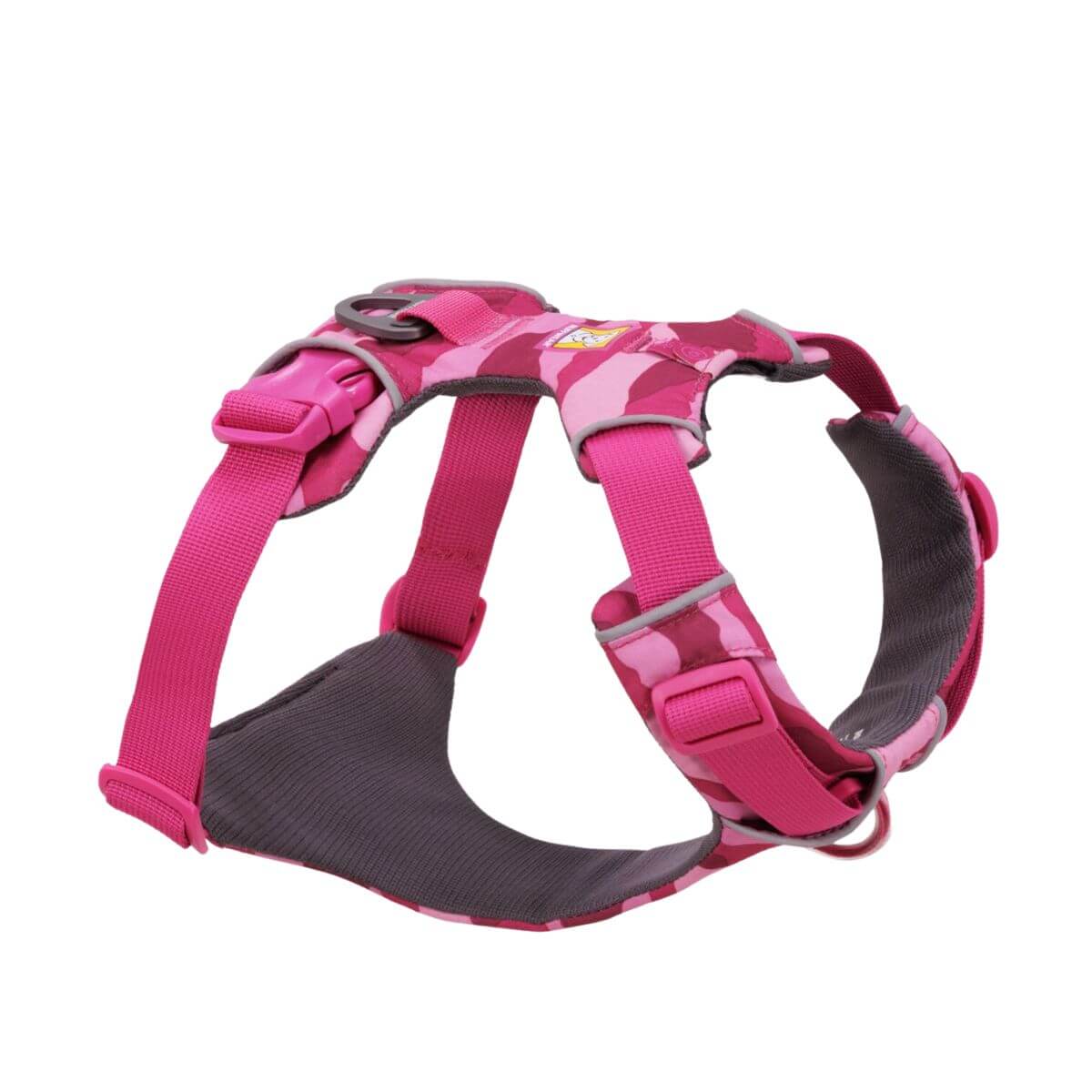 ruffwear front range harness in pink mountains from the off-cadence collection against a white background.