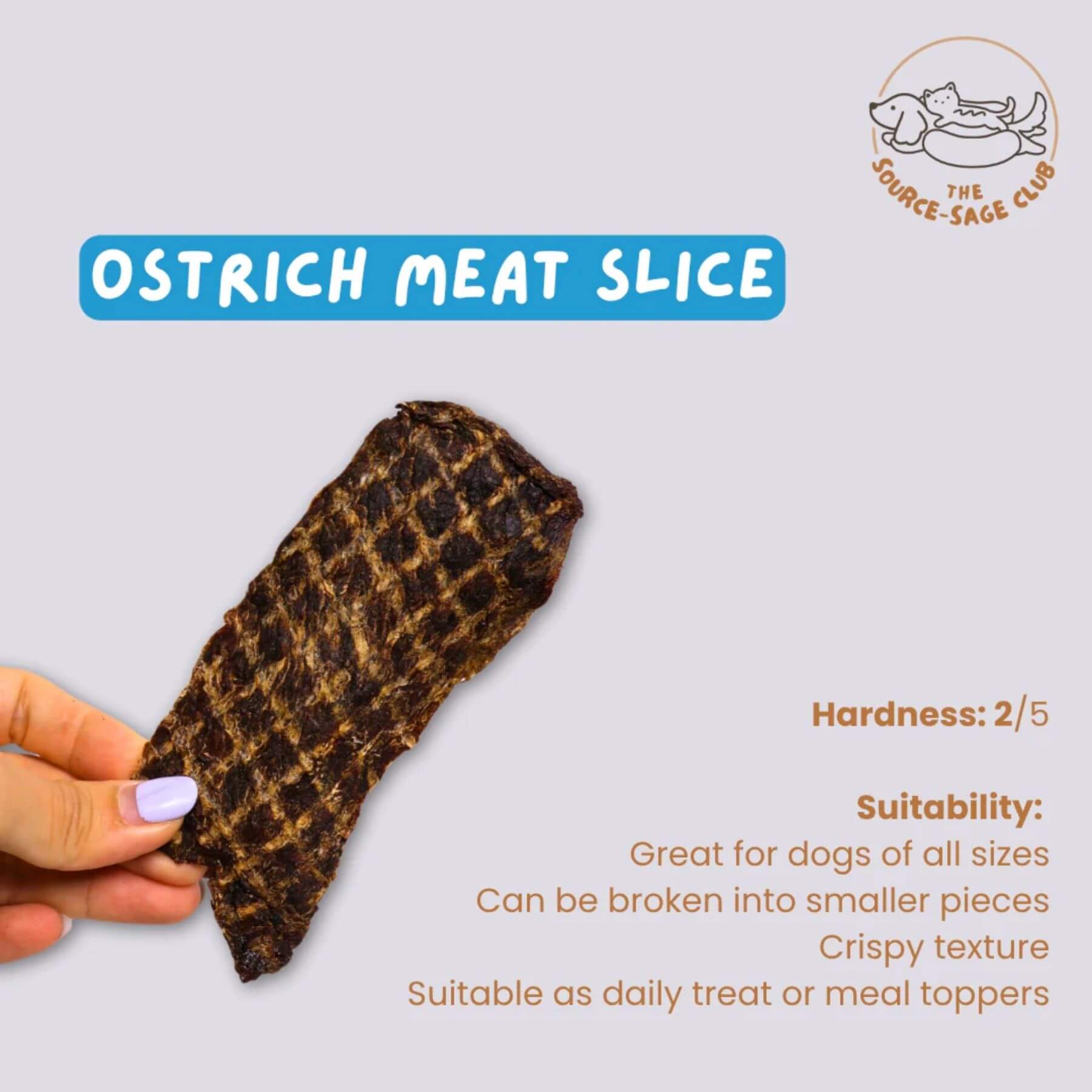 source-sage club ostrich jerky meat slice against a white background.