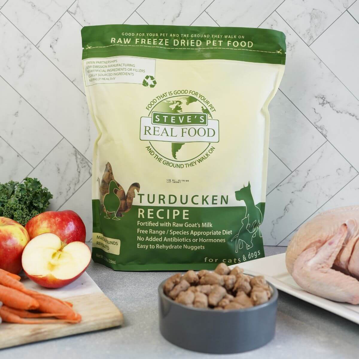 Steve's Real Food Turducken Freeze Dried Nuggets against a kitchen background.