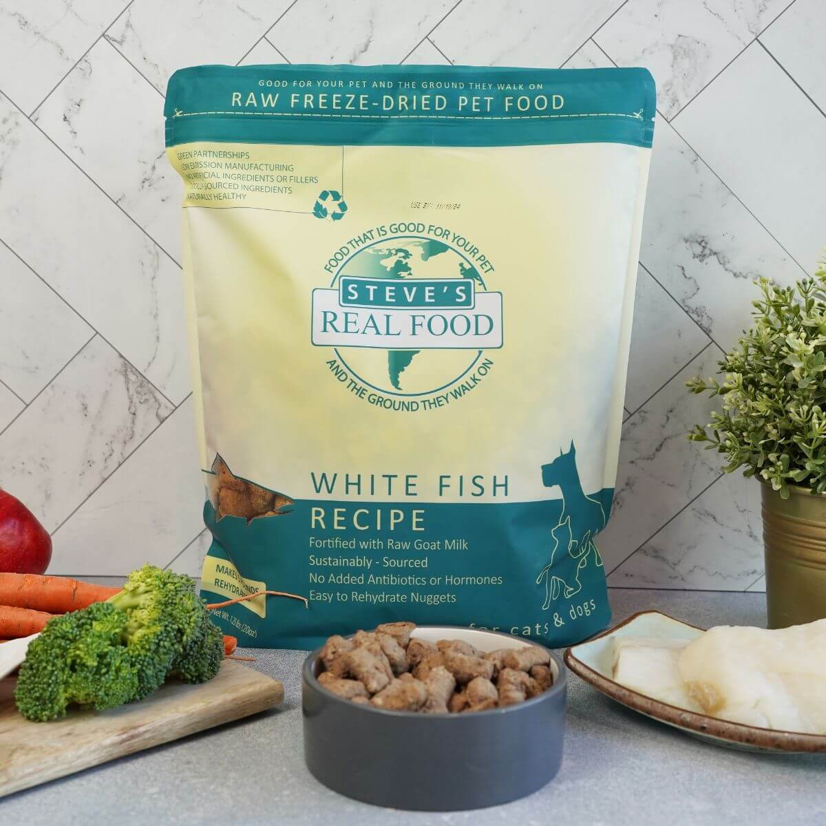 Steve's Real Food White Fish Freeze Dried Nuggets against a kitchen background.