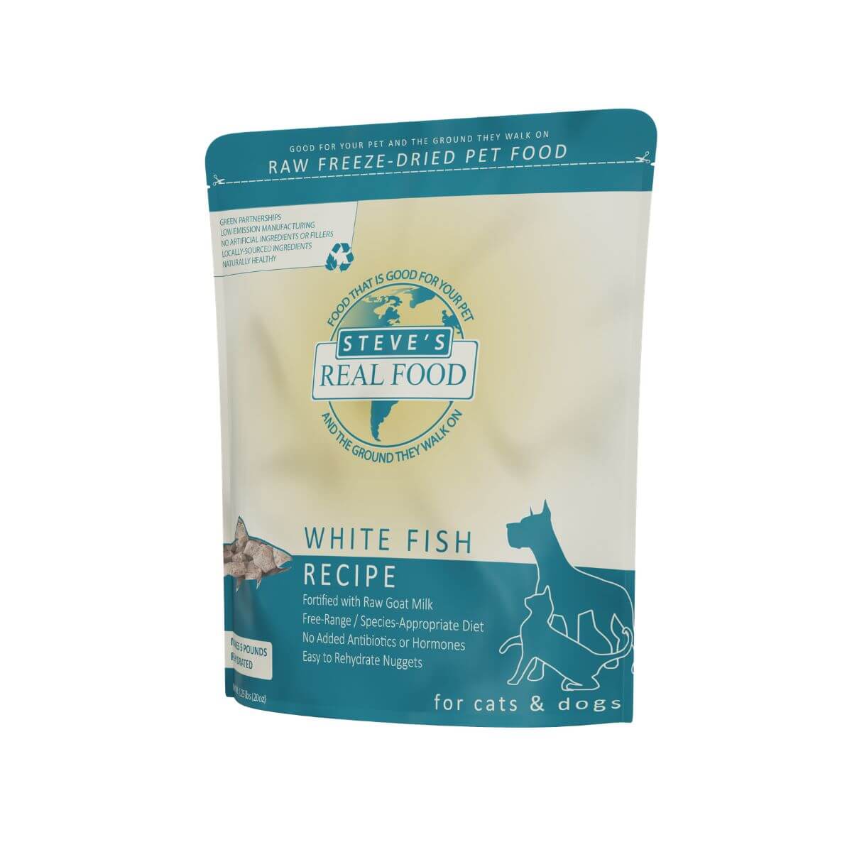 Steve's Real Food White Fish Freeze Dried Nuggets against a white background.