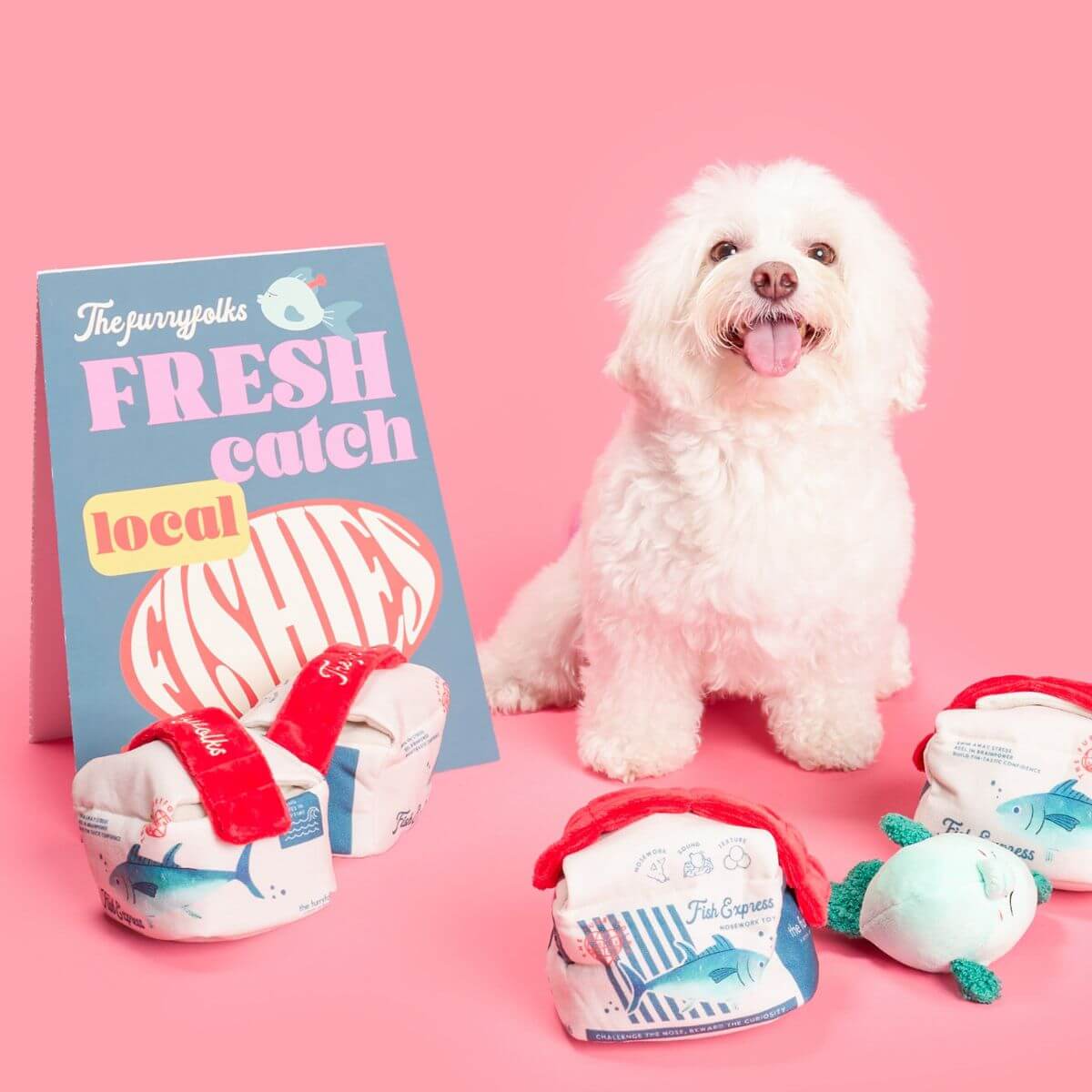 A white dog and the furryfolks fish express nosework toy scattered around it.