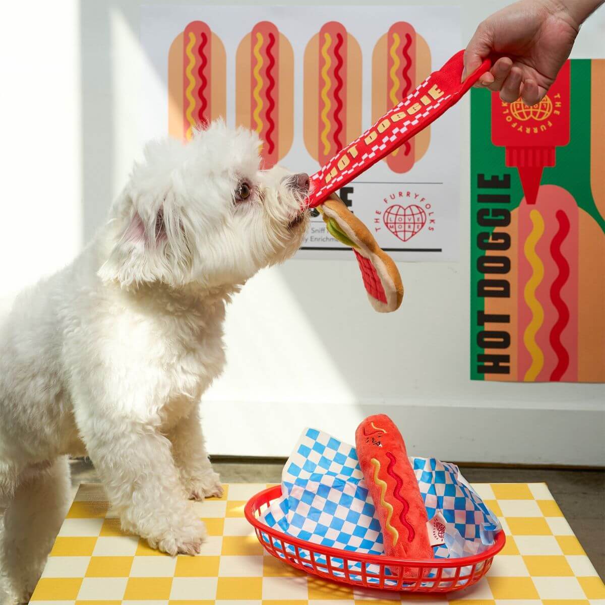 A dog pulling on the bread portion of the the furryfolks hot doggie nosework toy.
