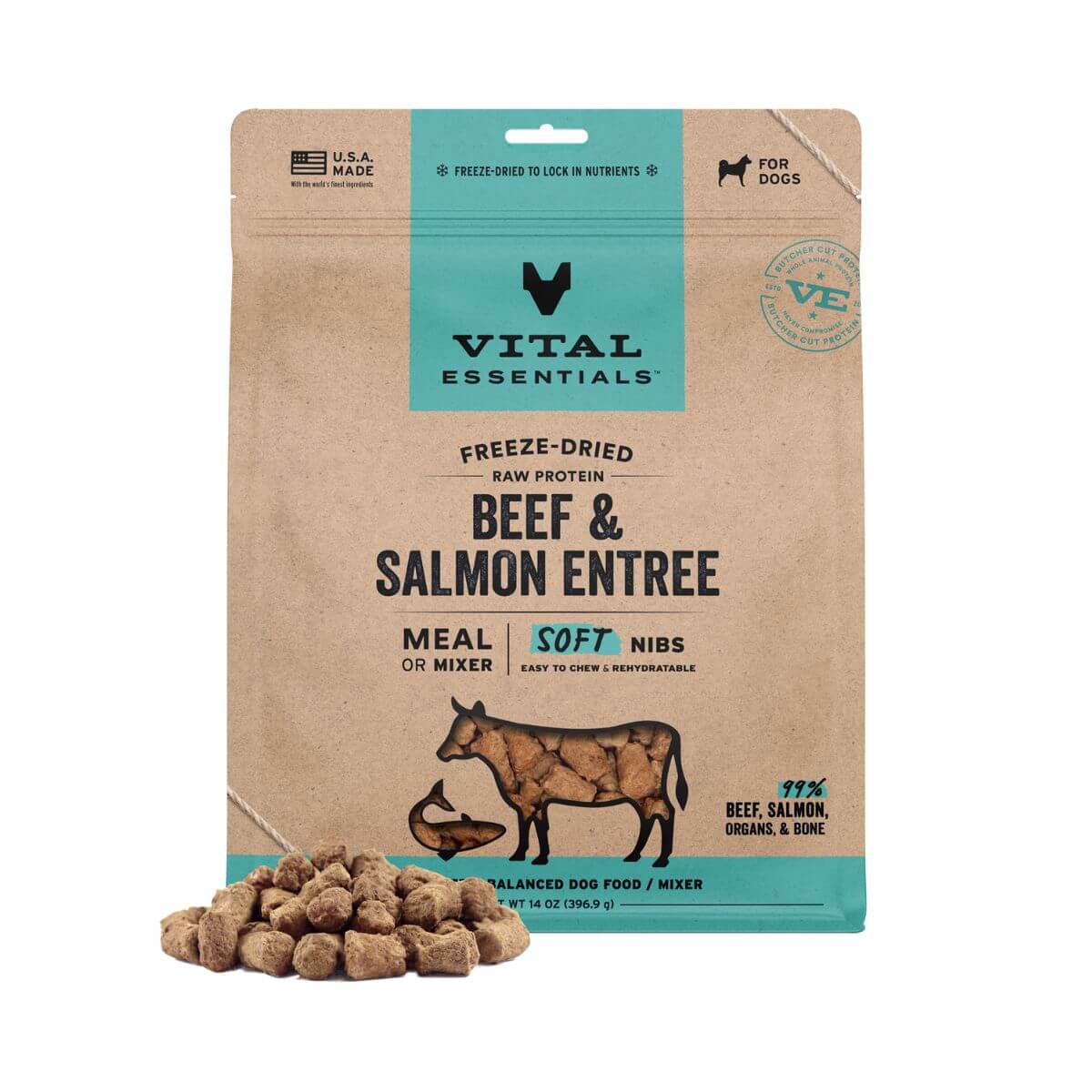 Vital Essentials Beef and Salmon Soft Nibs against at white background.