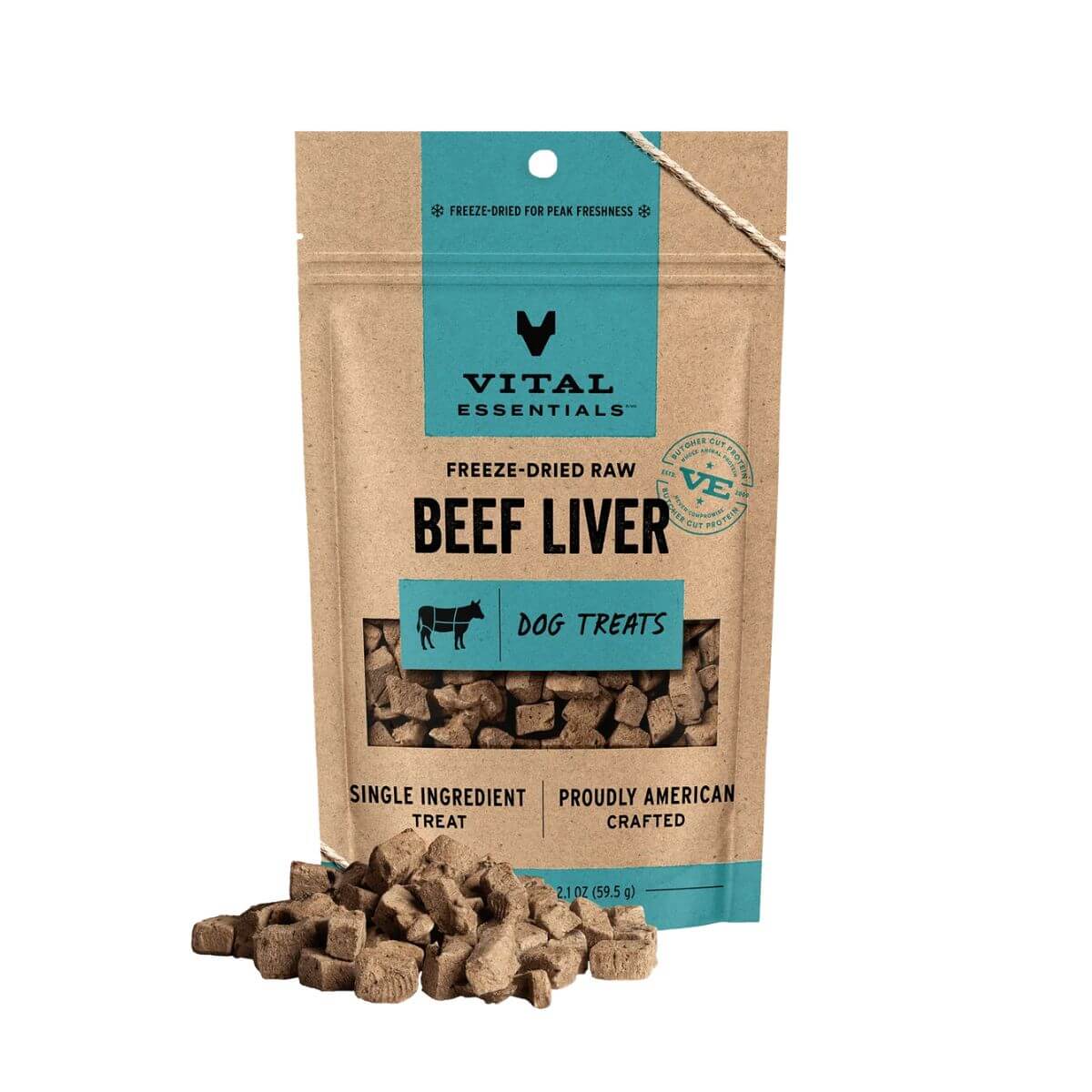 Vital Essentials Freeze-Dried Beef Liver treats against a white background.