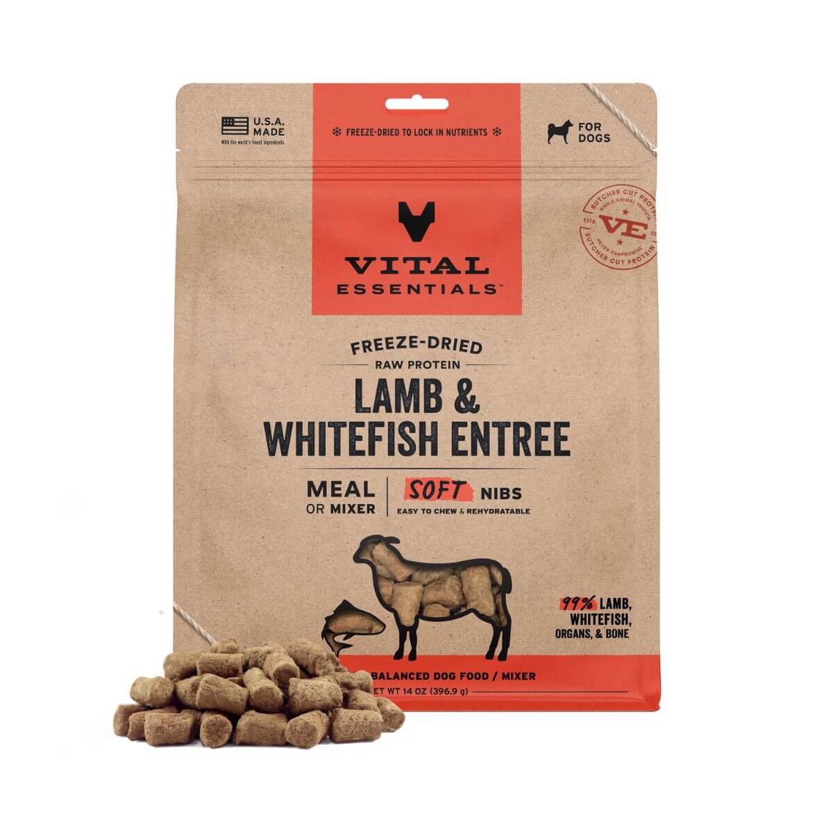 Vital Essentials Lamb and Whitefish Soft Nibs against a white background.