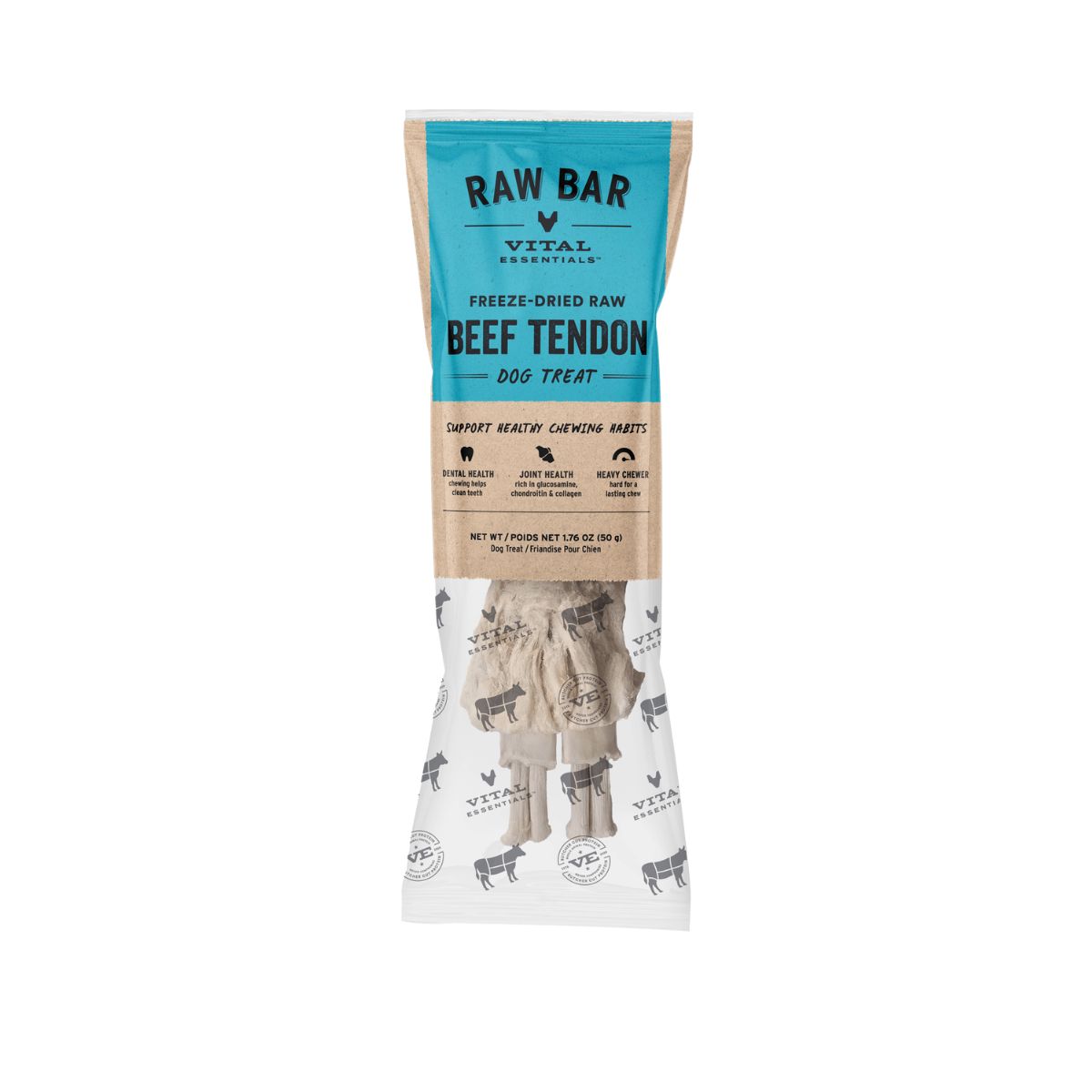 Vital essentials raw bar beef tendon against a white background.