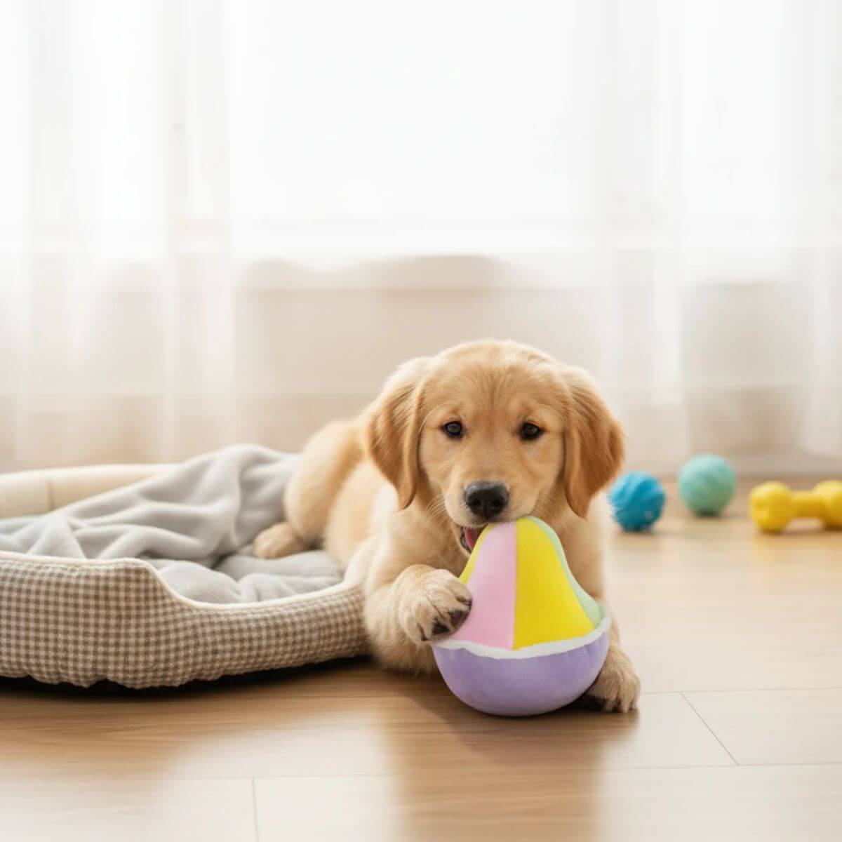 A golden retriever puppy playing with the Waggle by Nom Ice Kacang.
