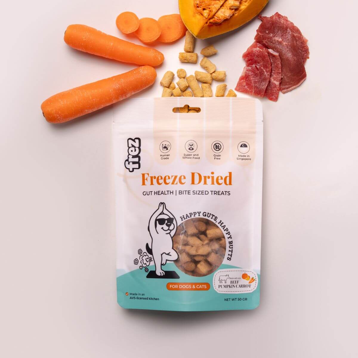 Frez Guts Health Freeze Dried Beef with Pumpkin & Carrot Treats against a white background.