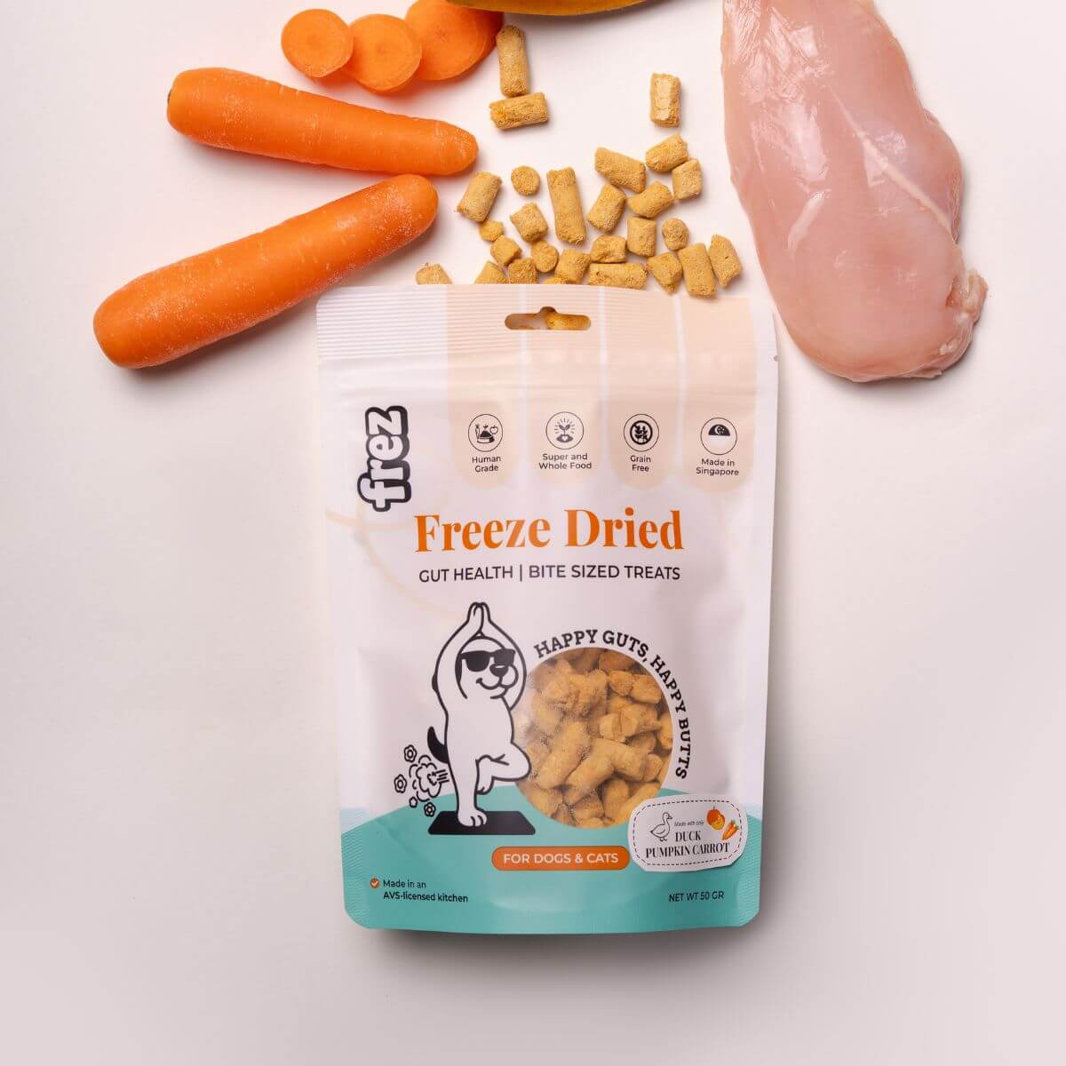 Frez Guts Health Freeze Dried Duck with Pumpkin & Carrot Treats with its ingredients. 