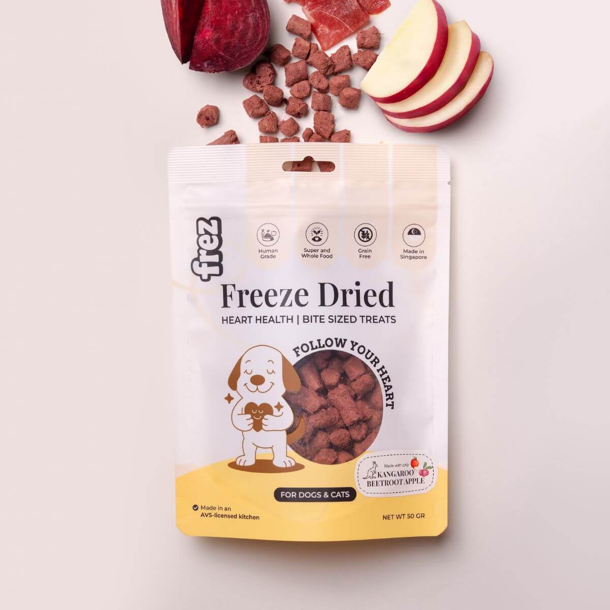 Frez Heart Health Freeze Dried Kangaroo with Beetroot & Apple Treats against a white background.