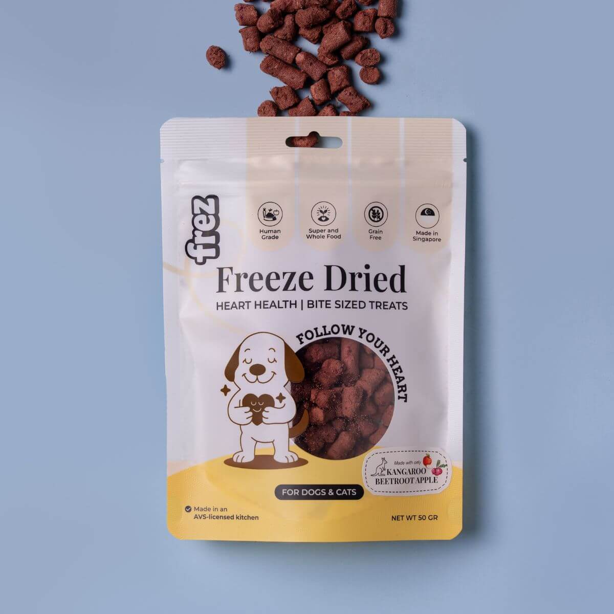 Frez Heart Health Freeze Dried Kangaroo with Beetroot & Apple Treats against a blue background.