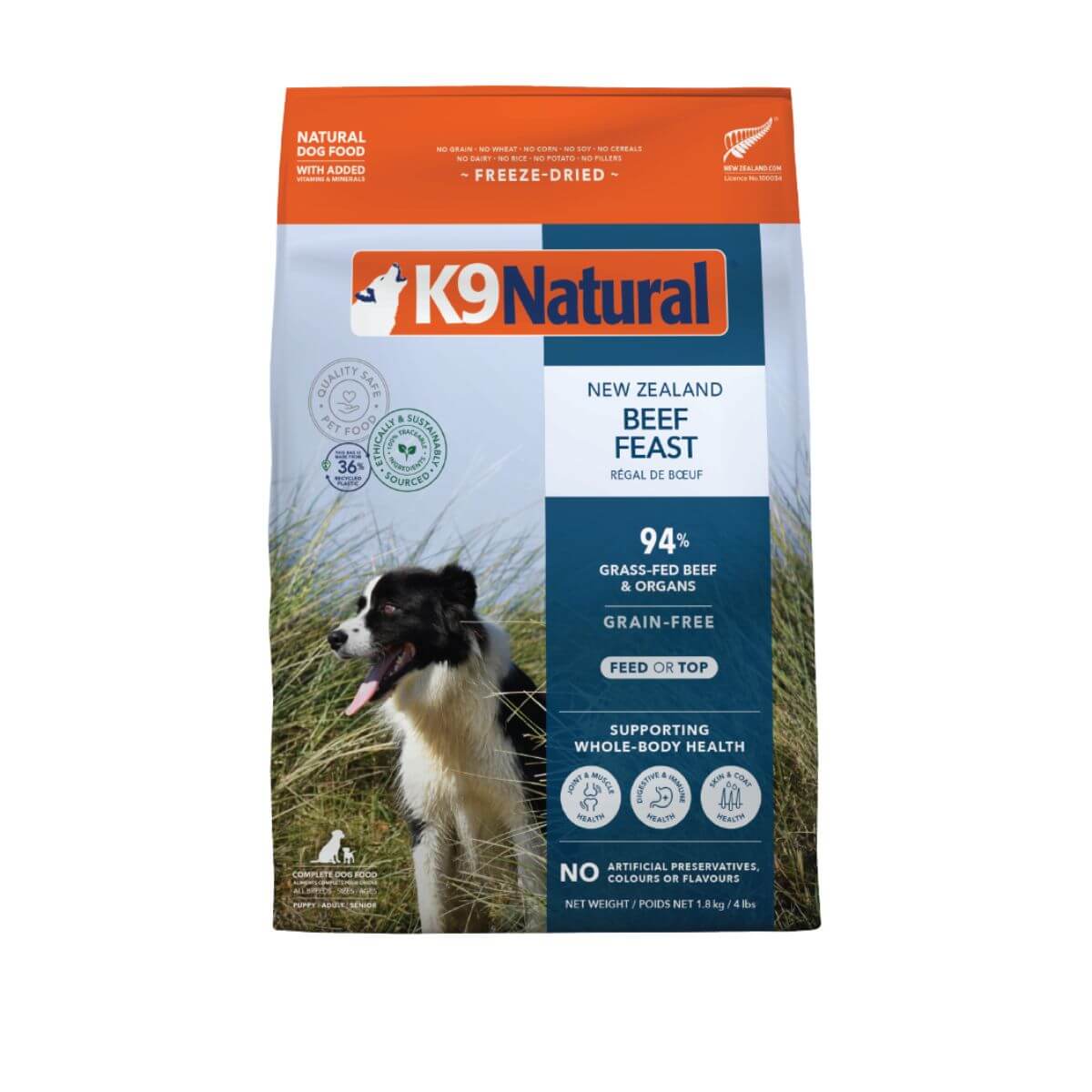 K9 Natural Freeze Dried Beef Feast against a white background.