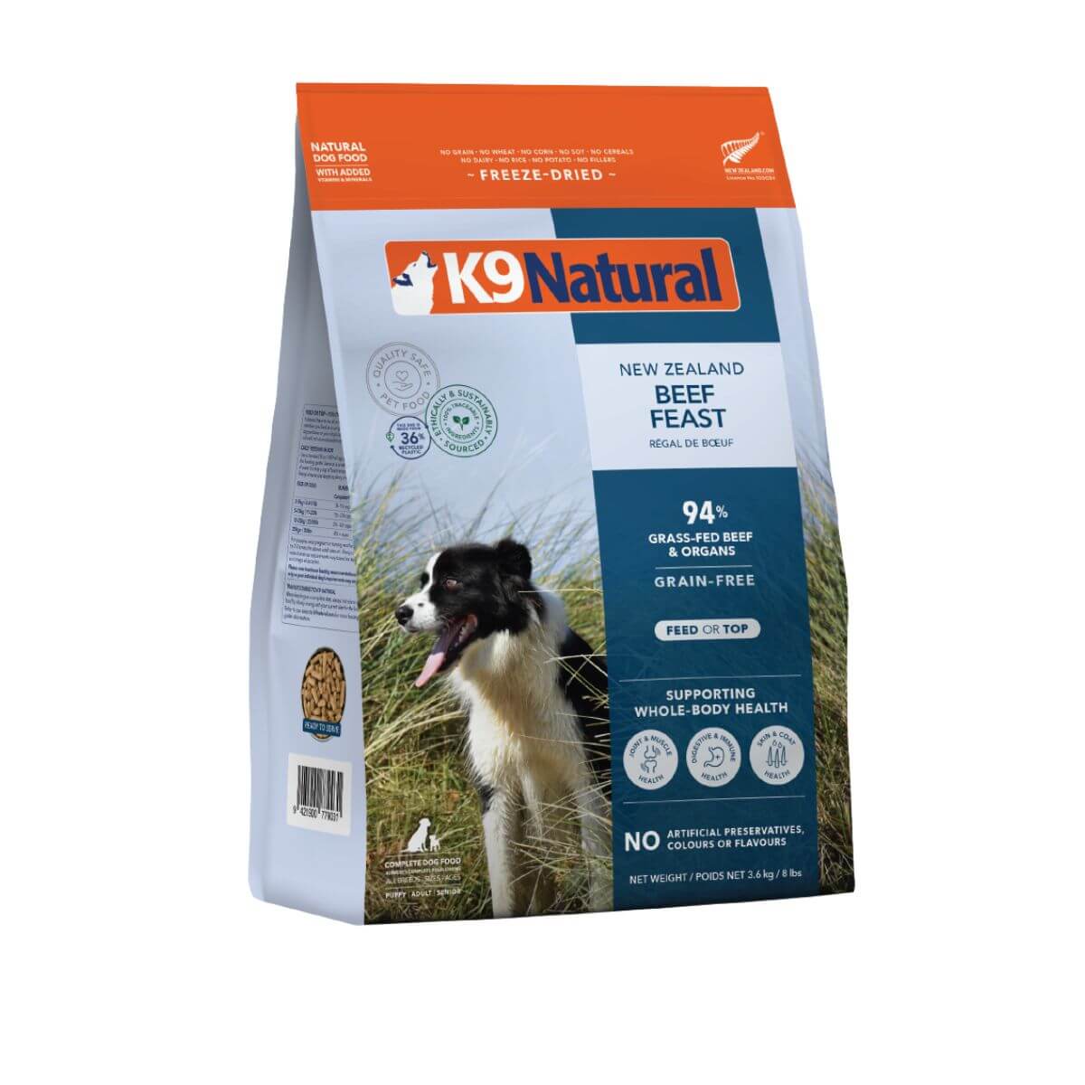 K9 Natural Freeze Dried Beef Feast against a white background.