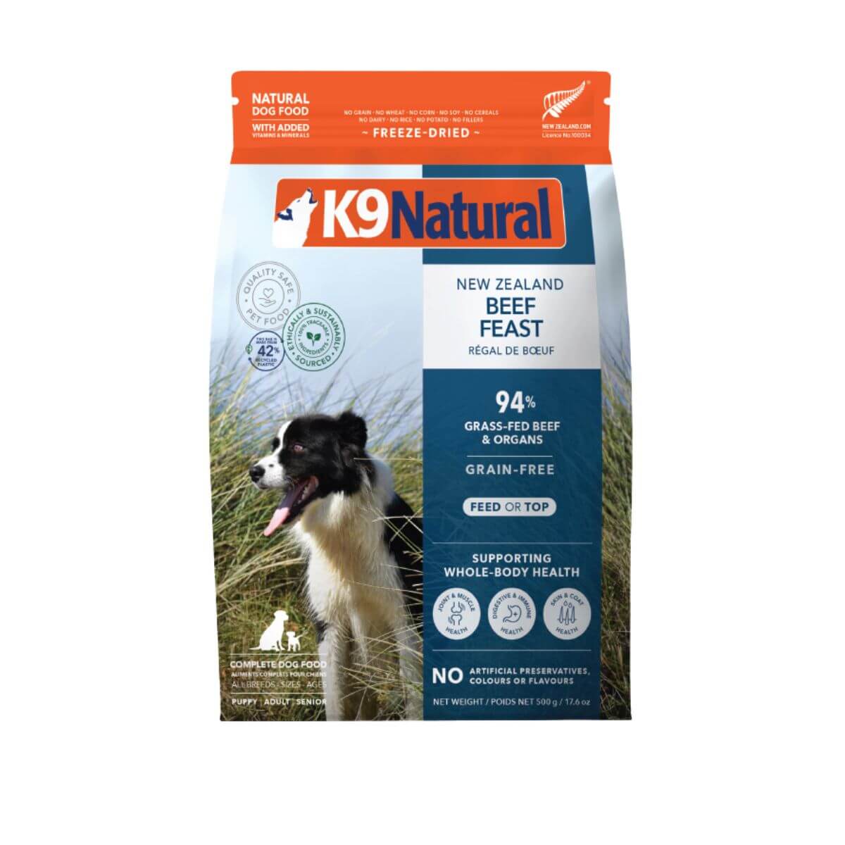 K9 Natural Freeze Dried Beef Feast against a white background.