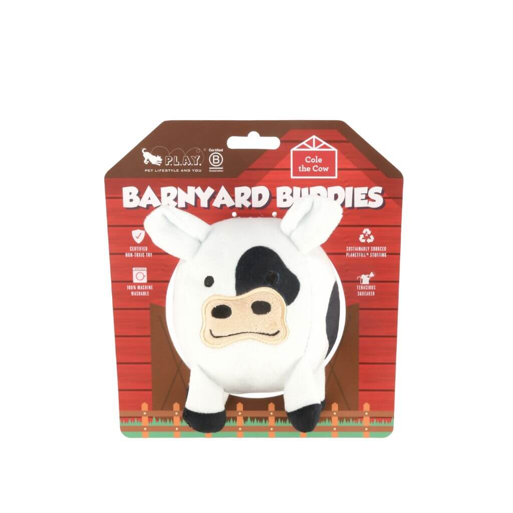 PLAY Barnyard Buddies, Cole the Cow dog toy against a white background.