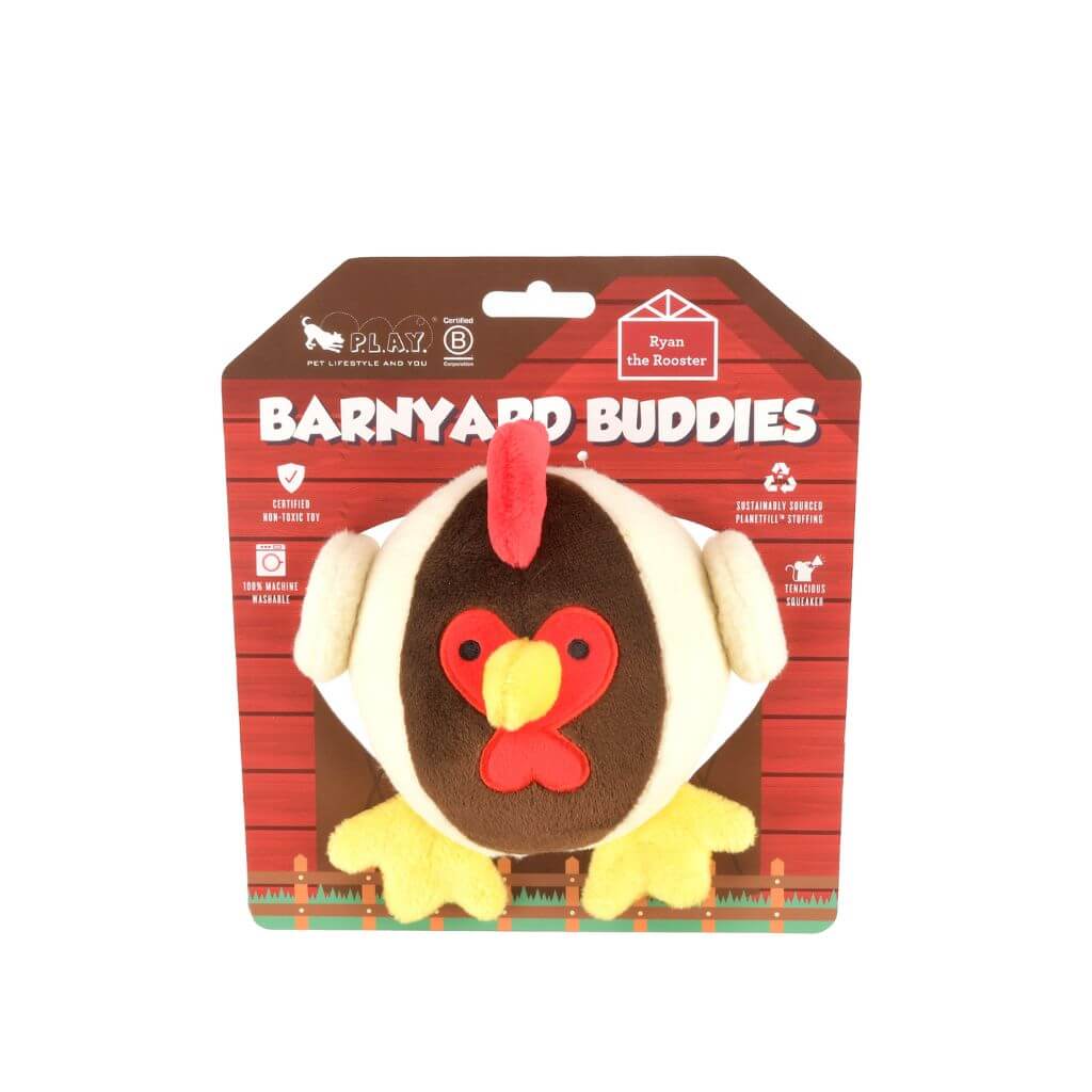 PLAY Barnyard Buddies, Ryan the Rooster dog toy against a white background.