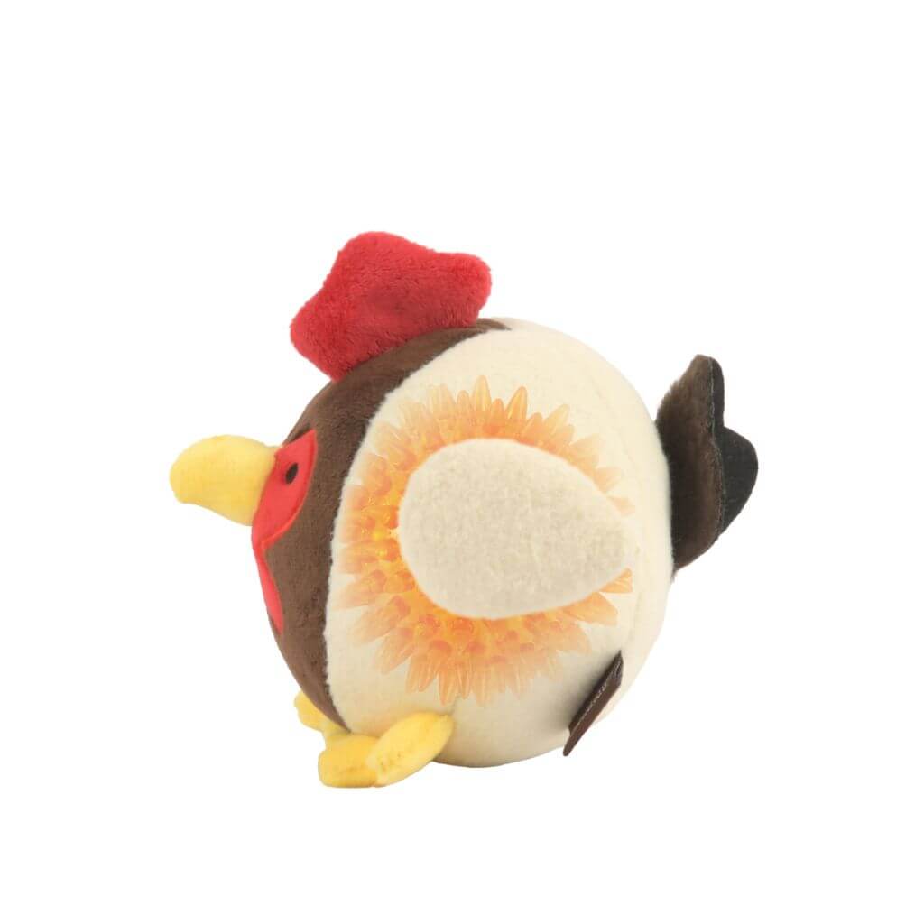 PLAY Barnyard Buddies, Ryan the Rooster dog toy with a hidden spiky squeaker ball against a white background.