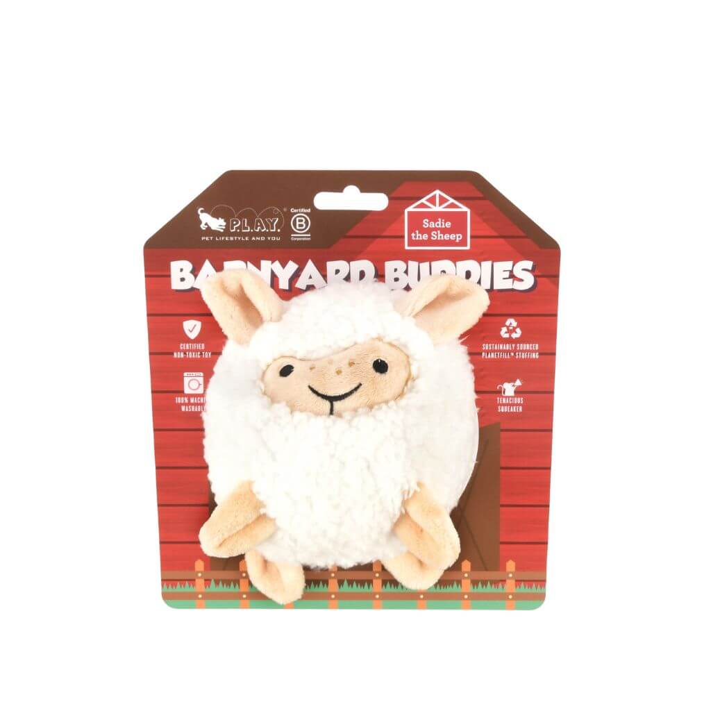 PLAY Barnyard Buddies, Sadie the Sheep dog toy against a white background.