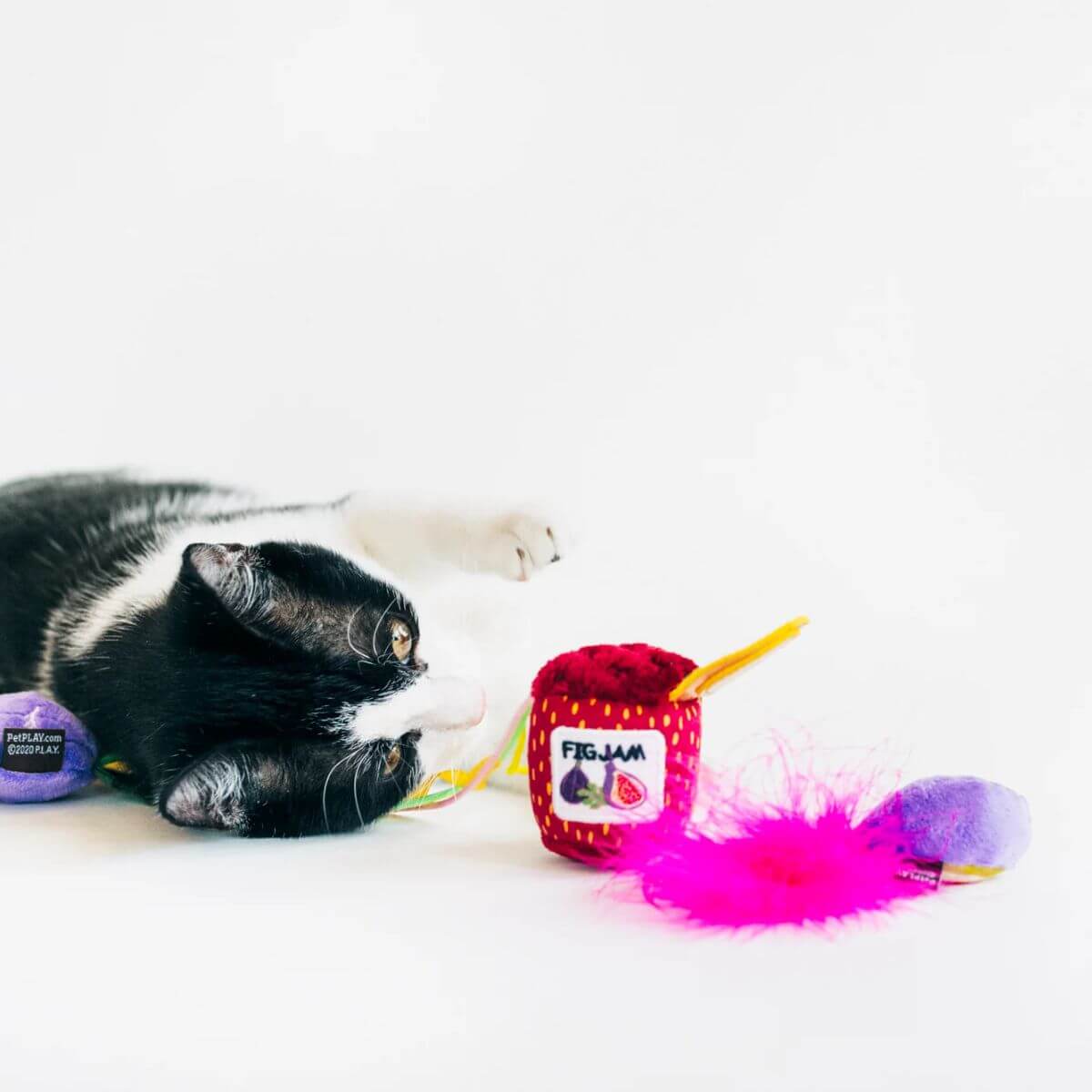 A cat playing with the PLAY Feline Frenzy Catnip Toy, Fig N' Whiskers while lying down on its side.