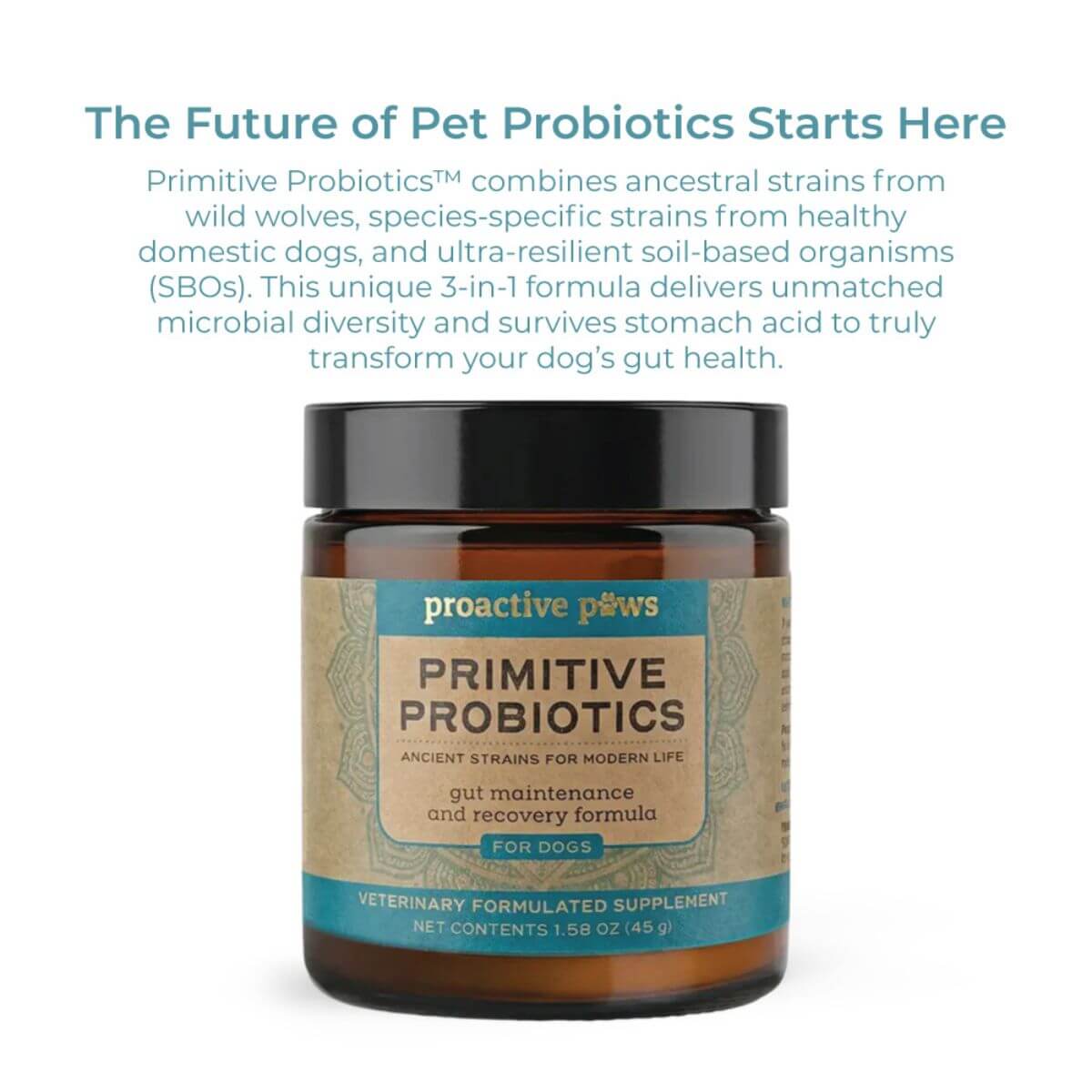 The future of pet probiotics that is the Proactive Paws Primitive Probiotics™. 