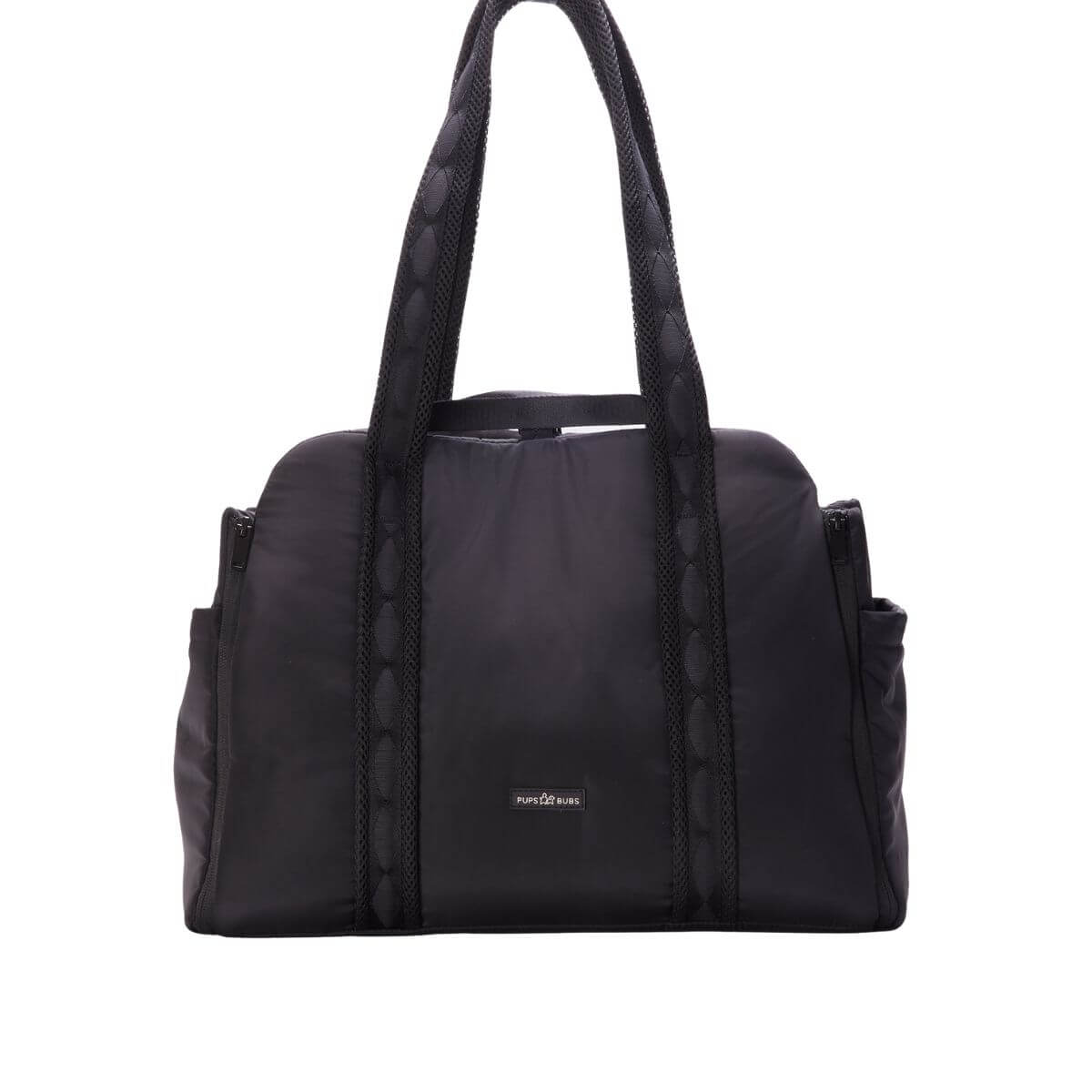 Pups and Bubs Everywhere Convertible Tote Bag Carrier in black against a white background.