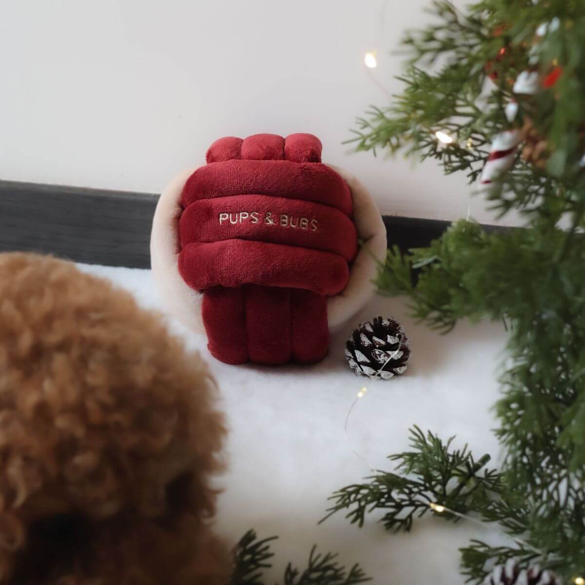 A poodle with a Pups and Bubs Jingle Know Nosework Toy, 