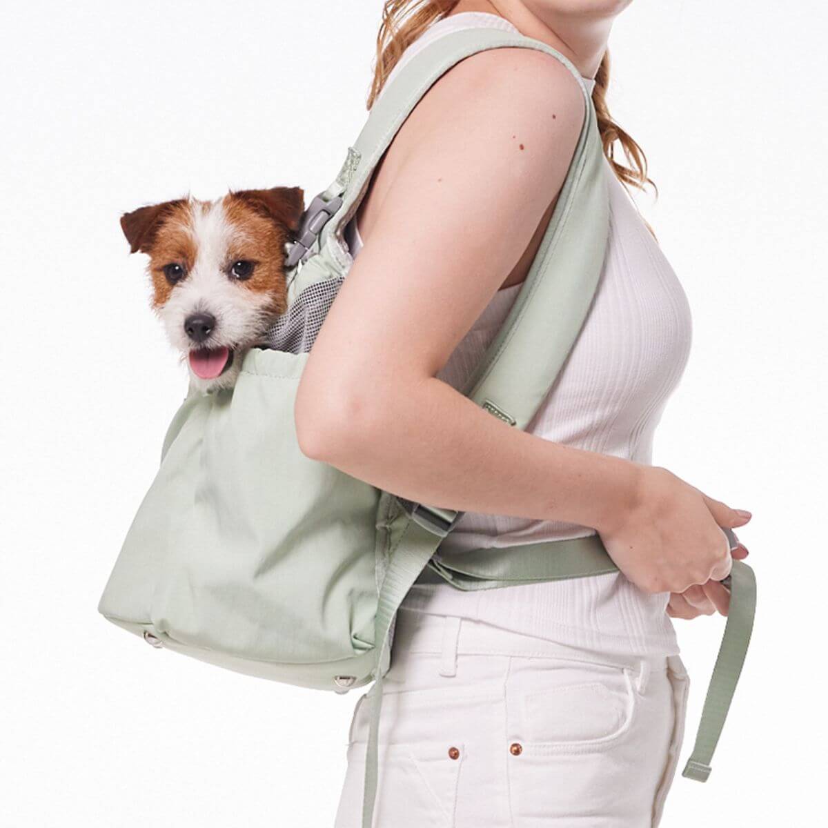 Pups and Bubs Let's Adventure Backpack in Mint Green against a white background.