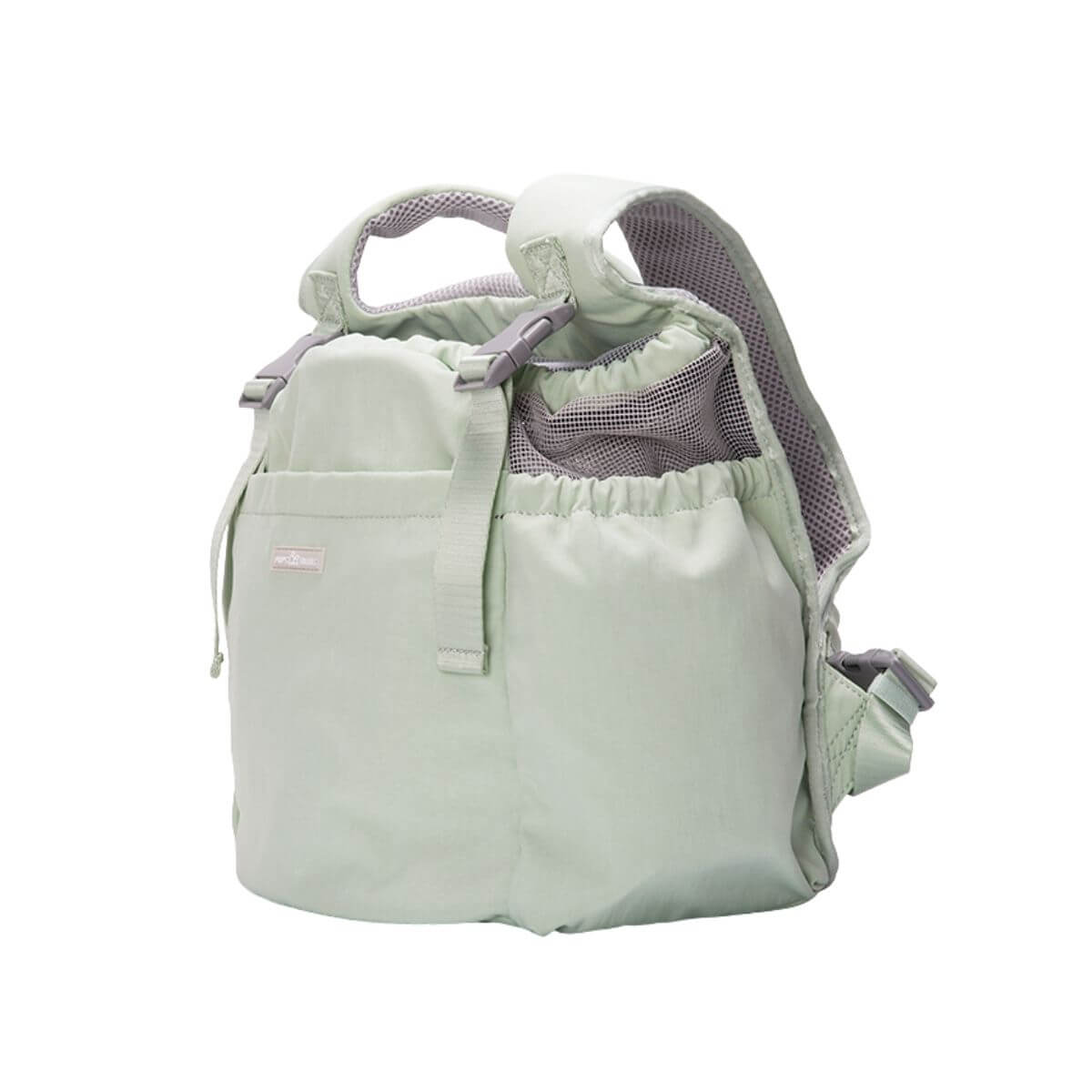 Pups and Bubs Let's Adventure Backpack in Mint Green against a white background.