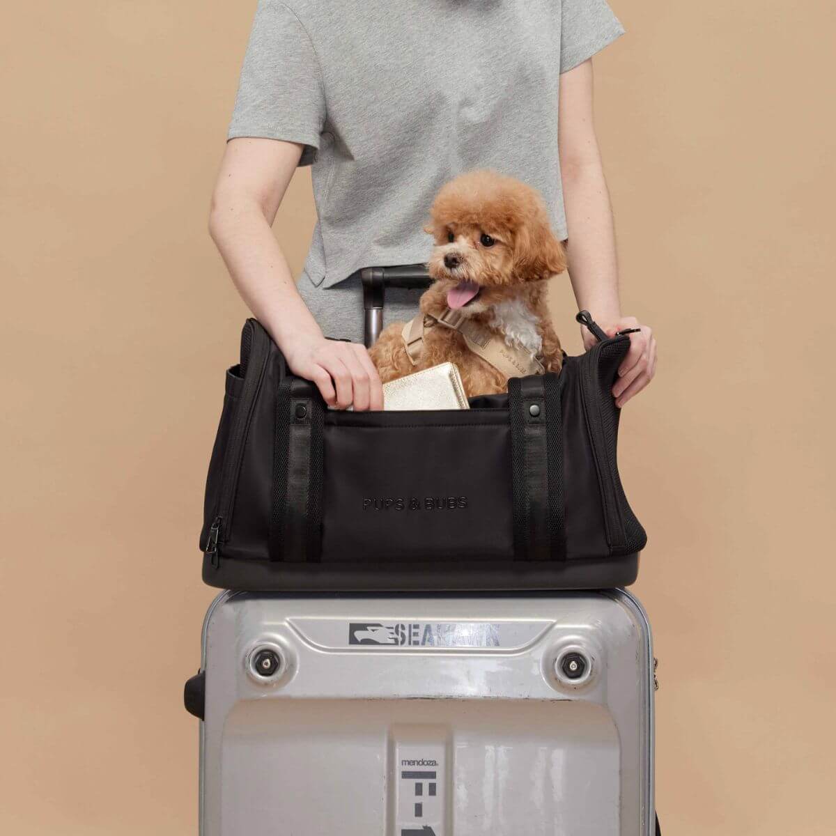 A dog peeking out of the top opening of the Pups and Bubs Onboard Travel Carrier with a woman demonstrating front pockets for storage.