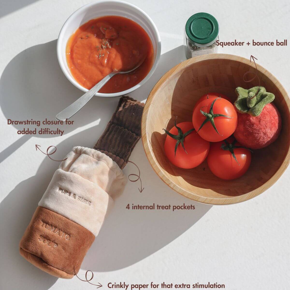 Details of the Pups and Bubs Tomato Soup Nosework Toy. 