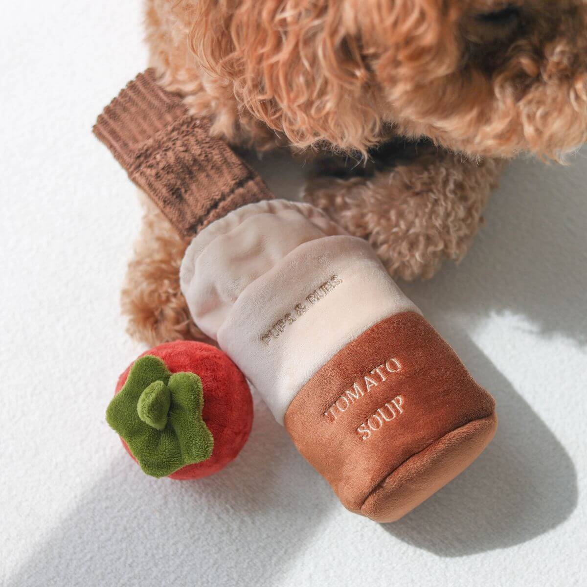 A poodle holding the Pups and Bubs Tomato Soup Nosework Toy with its paws.