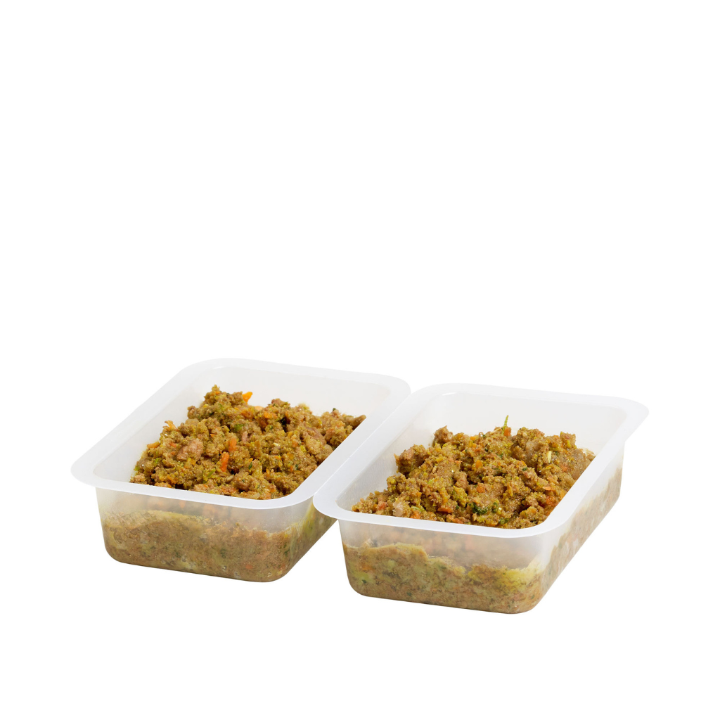 Two containers of pet food on a white background