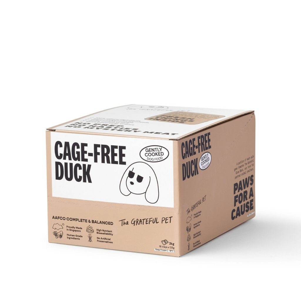 Cardboard box of 'Cage-Free Duck' pet food with branding and text on a white background